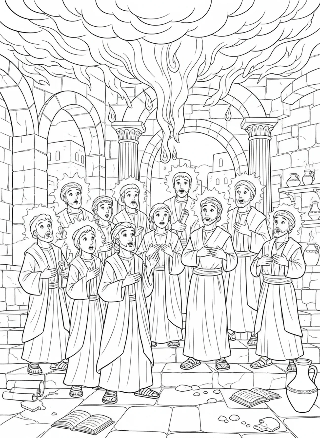 Chamas descendo do céu, página de colorir de Pentecostes para crianças da Escola Dominical de 5 a 12 anos.