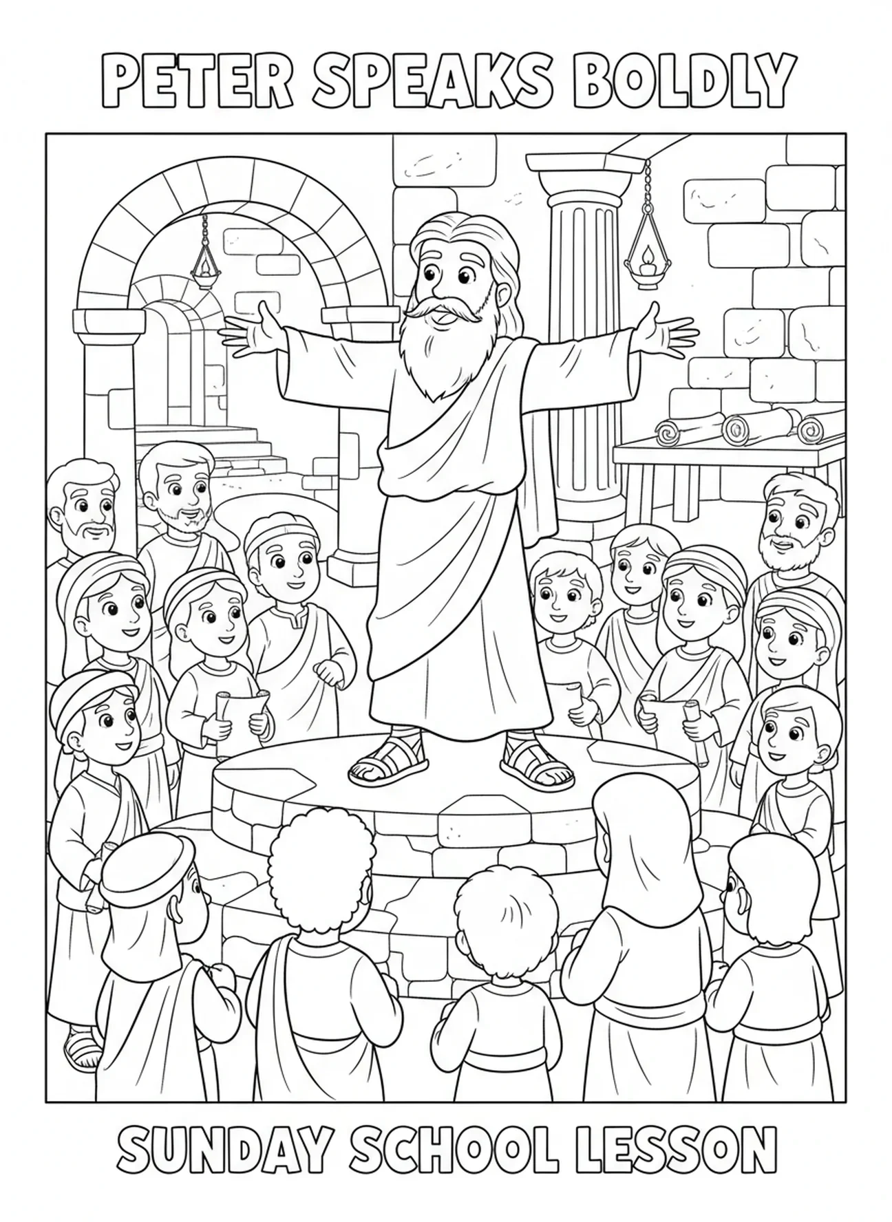 Pedro pregando para uma multidão, página de colorir de Pentecostes para crianças da Escola Dominical de 5 a 12 anos.