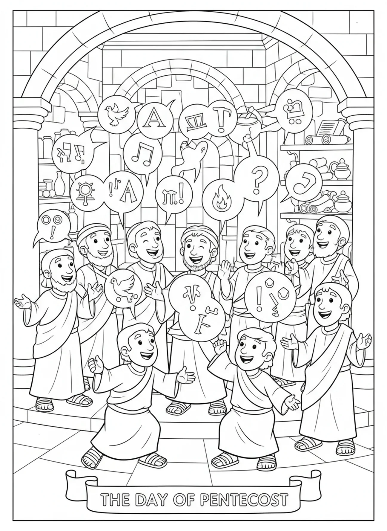 Discípulos falando em diferentes línguas, página para colorir sobre o Pentecostes para crianças da Escola Dominical de 5 a 12 anos.
