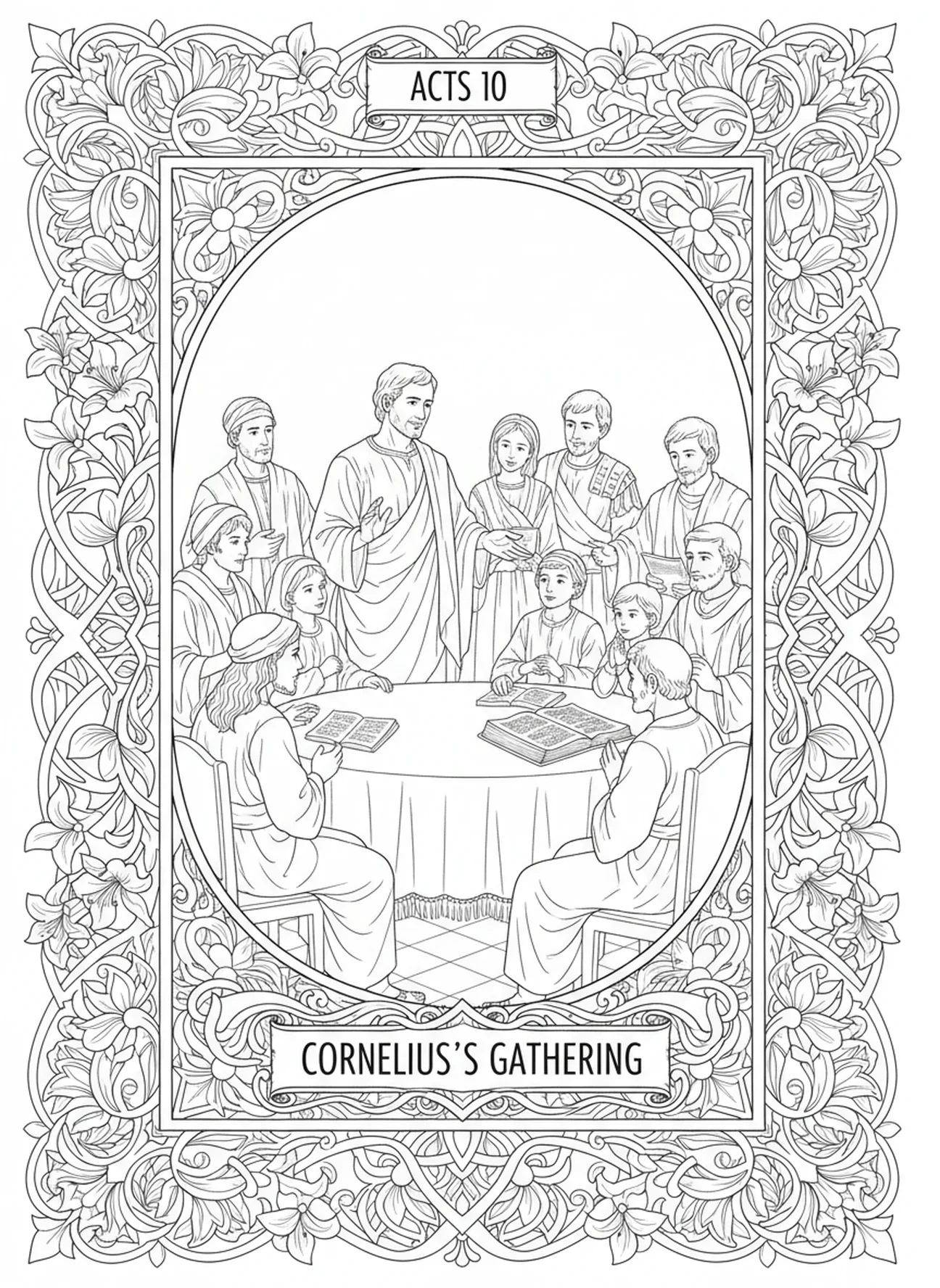 Cornelius veranstaltet eine Zusammenkunft, Peter Cornelius Ausmalbild für Erwachsene im Stil des Bibel-Journaling.