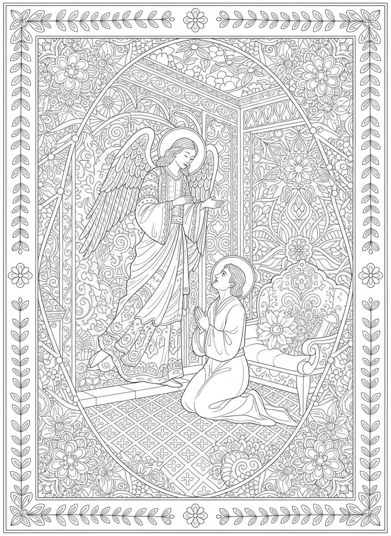 Ein Engel erscheint dem Kornelius, Ausmalbild für Erwachsene im Bibel-Journaling-Stil.