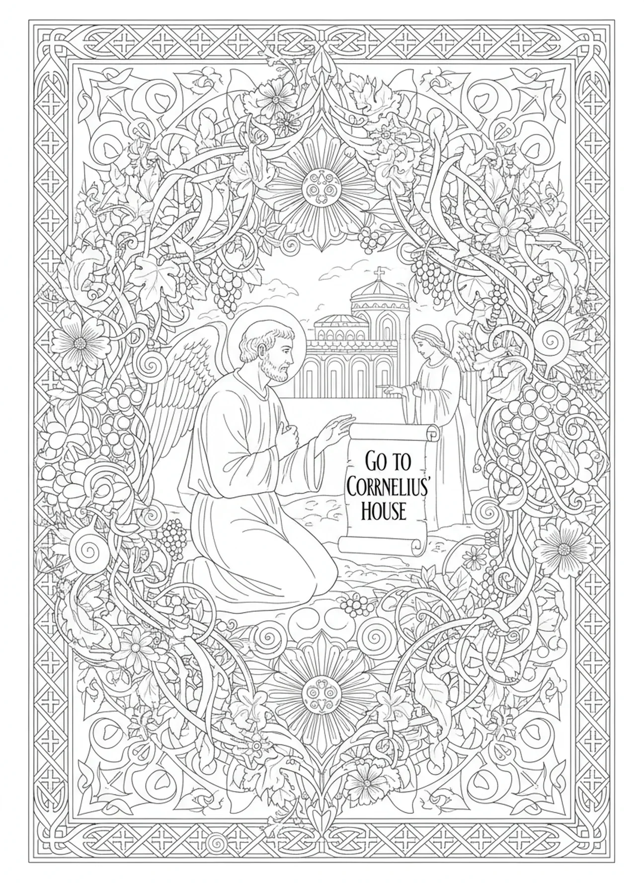 Petrus wird angewiesen, zu Cornelius' Haus zu gehen, Ausmalbild für Erwachsene im Bibel-Journaling-Stil.