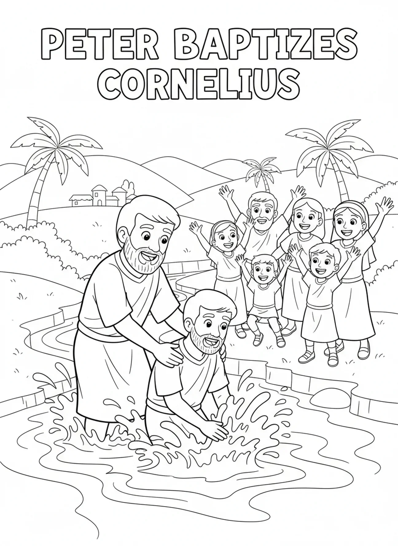 Pierre baptisant Cornelius dans une rivière, page à colorier Pierre Cornelius pour les enfants de 5 à 10 ans
