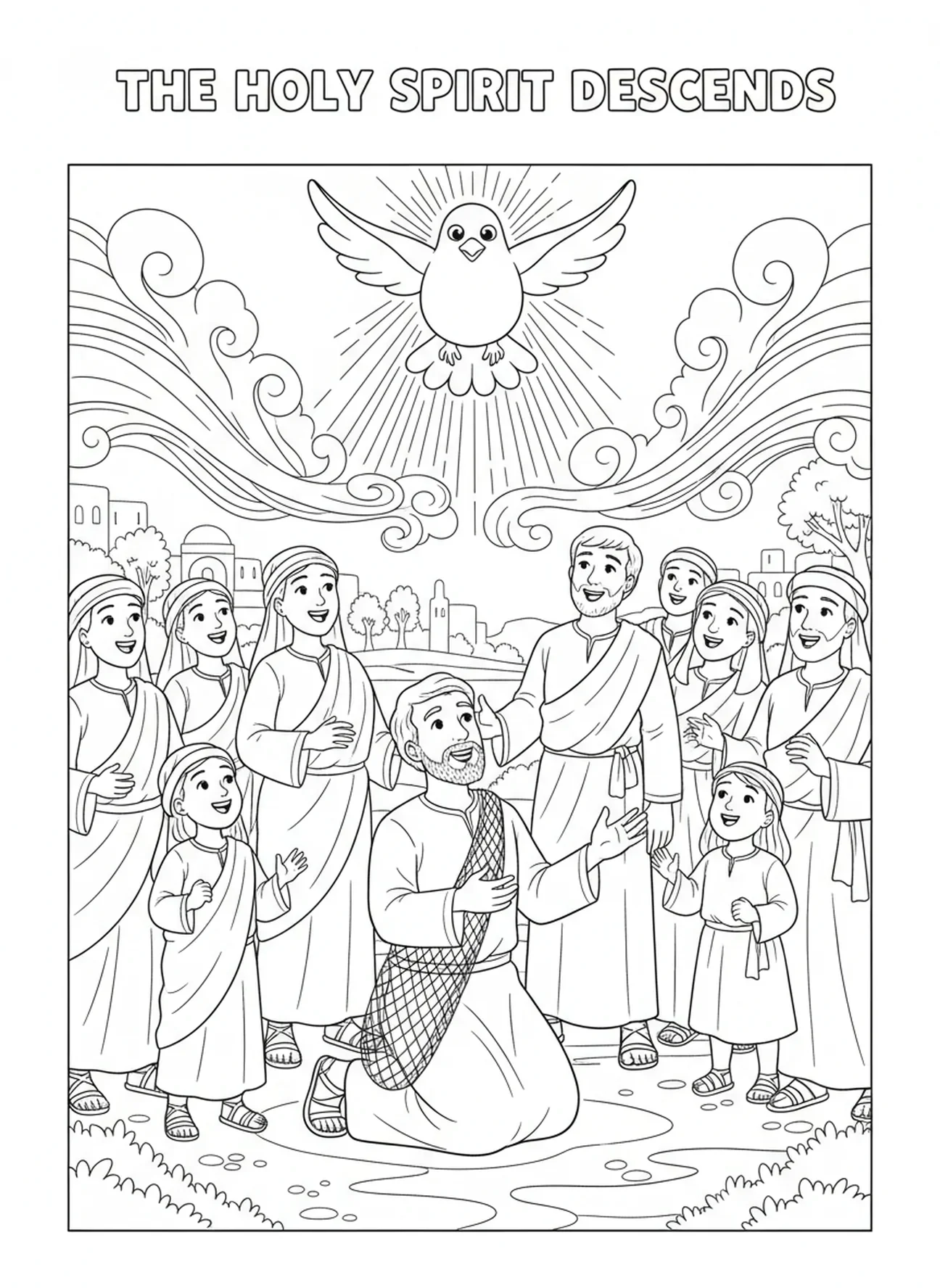 Le Saint-Esprit descendant sur une foule émerveillée, page à colorier de Pierre et Cornelius pour les enfants de 5 à 10 ans