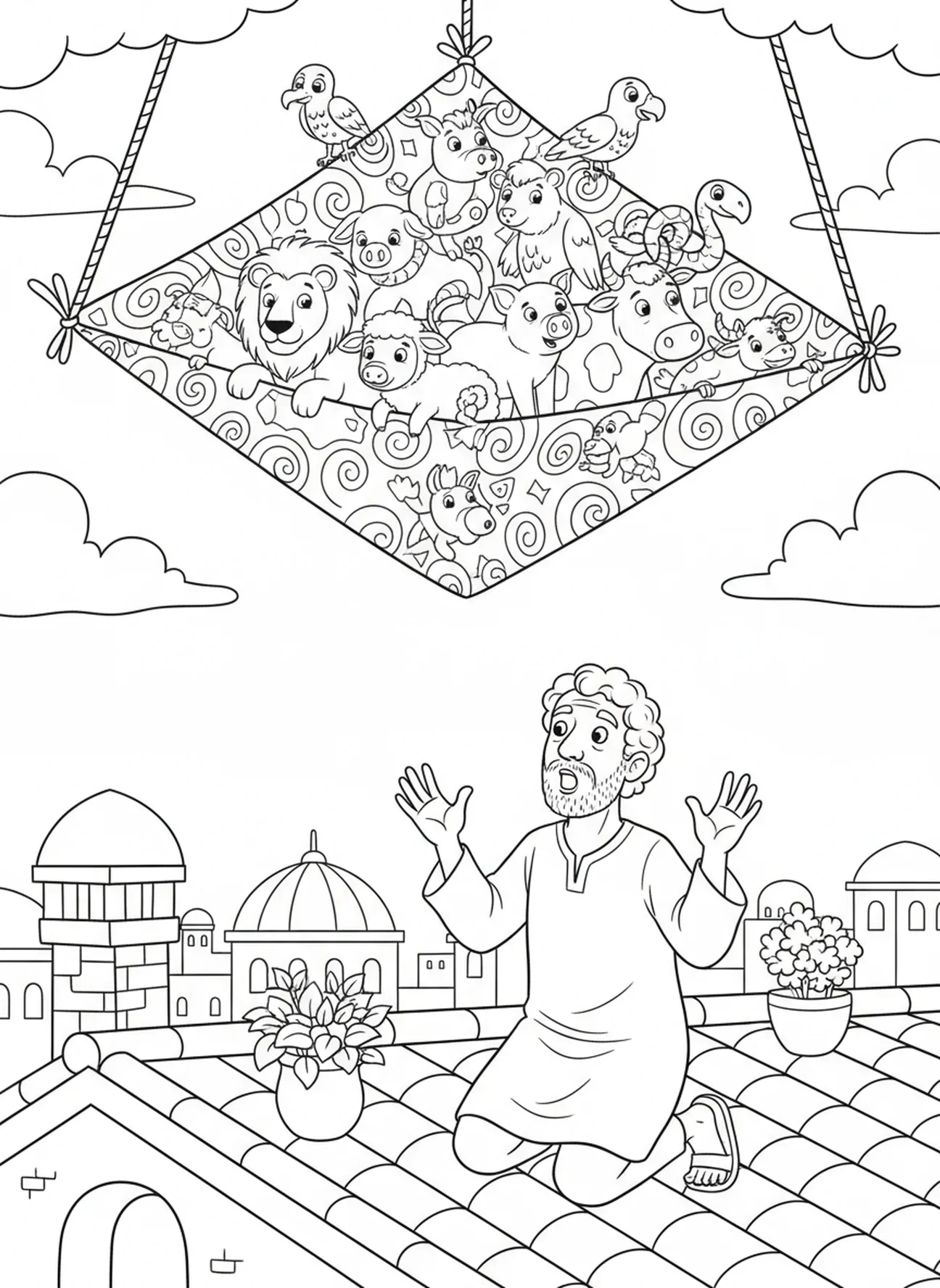 Pierre émerveillé par des animaux dans une vision, page à colorier Pierre Cornelius pour enfants de 5 à 10 ans