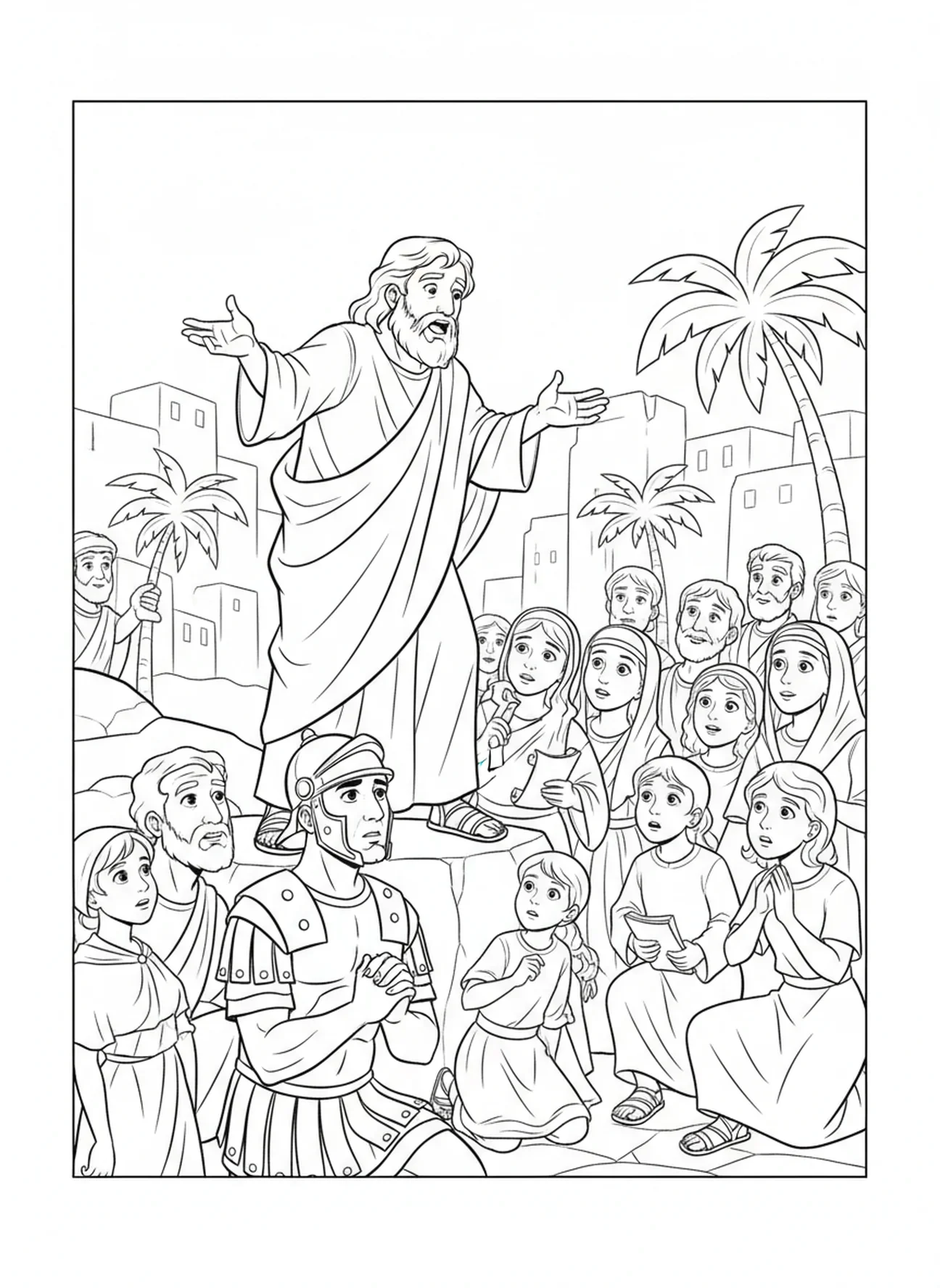 Pierre prêchant à une foule, page à colorier Pierre et Corneille pour enfants de 5 à 10 ans