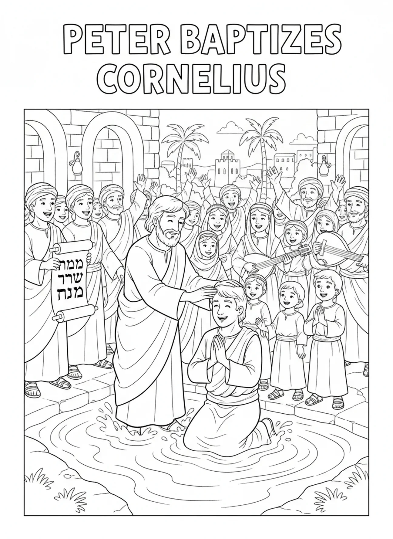 Petrus doopt Cornelius, kleurplaat van Petrus en Cornelius voor Zondagsschoolkinderen van 5-12 jaar.