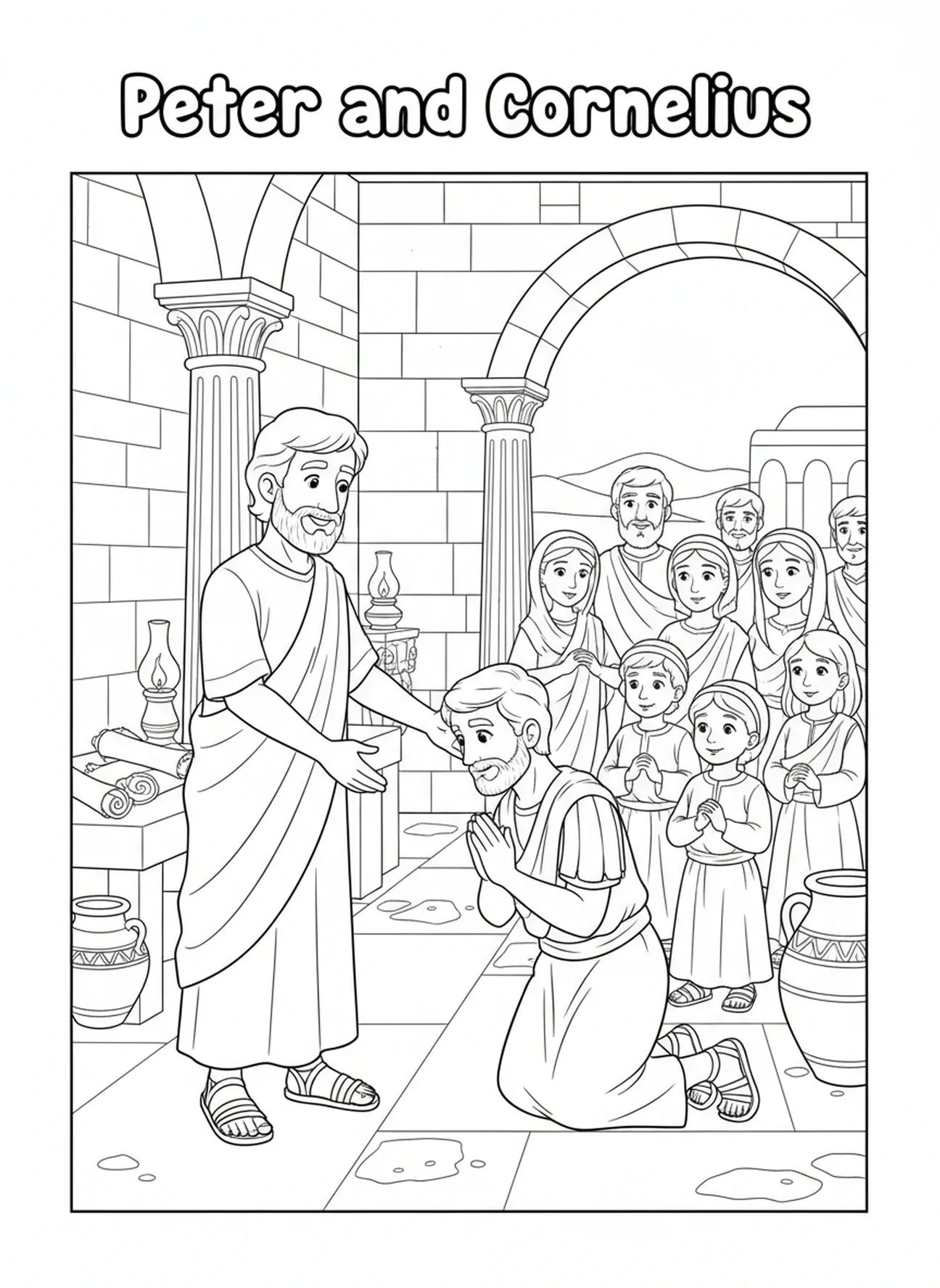 Petrus ontmoet Cornelius, kleurplaat van Petrus en Cornelius voor Zondagsschoolkinderen van 5-12 jaar.