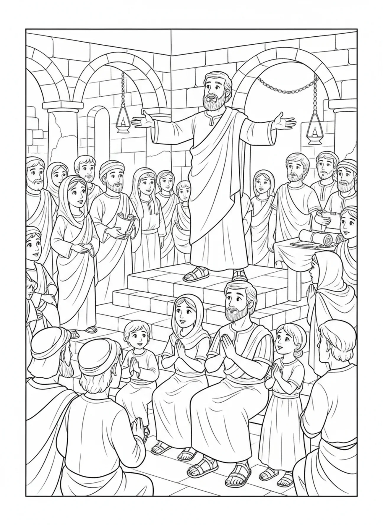 Petrus predikt voor de menigte, kleurplaat van Petrus en Cornelius voor Zondagsschoolkinderen van 5-12 jaar.