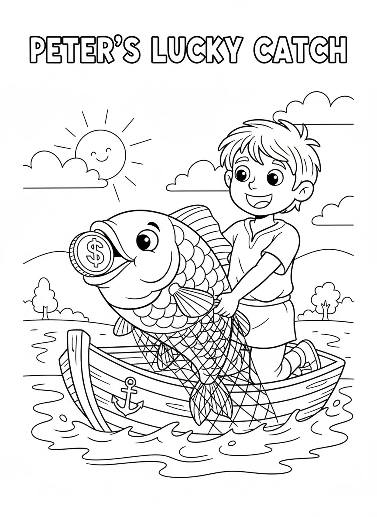Peter fängt einen Fisch mit einer Münze, Peter Fisch Münze Malvorlage für Kinder im Alter von 5-10 Jahren