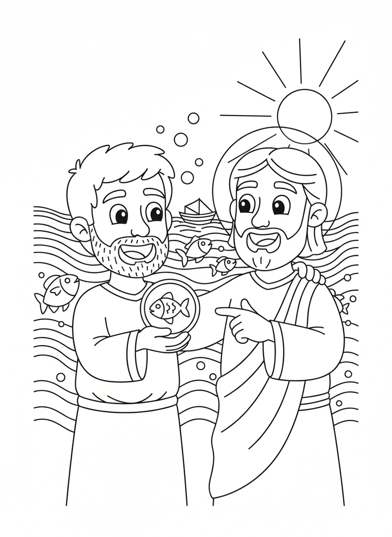 Peter erfreut mit Jesus, Ausmalbild von Peter und dem Fischmünze für Kinder im Alter von 5-10 Jahren