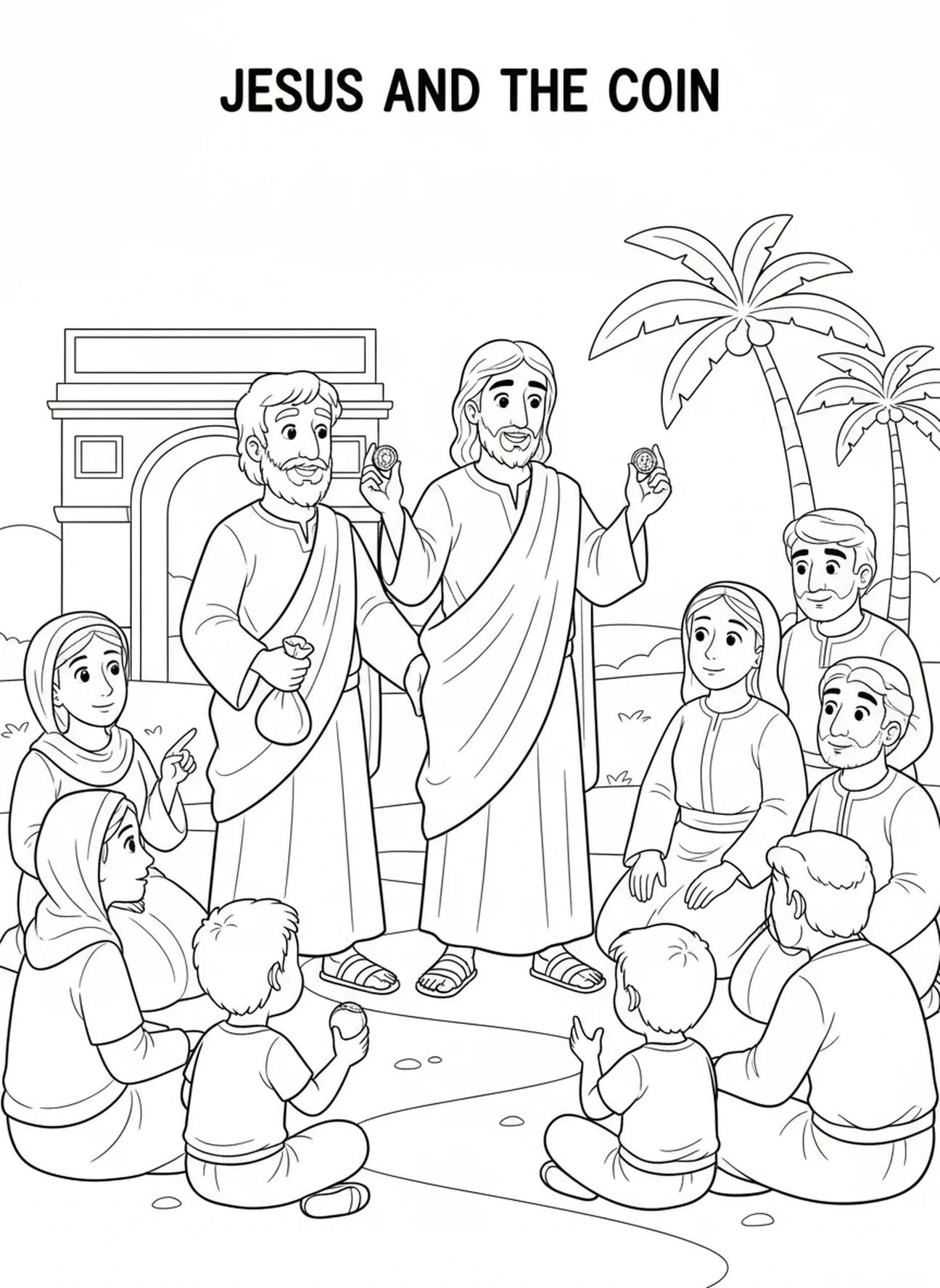 Jesus lehrt über Steuern, Ausmalbild mit dem Fisch und der Münze für Kinder im Alter von 5-10 Jahren