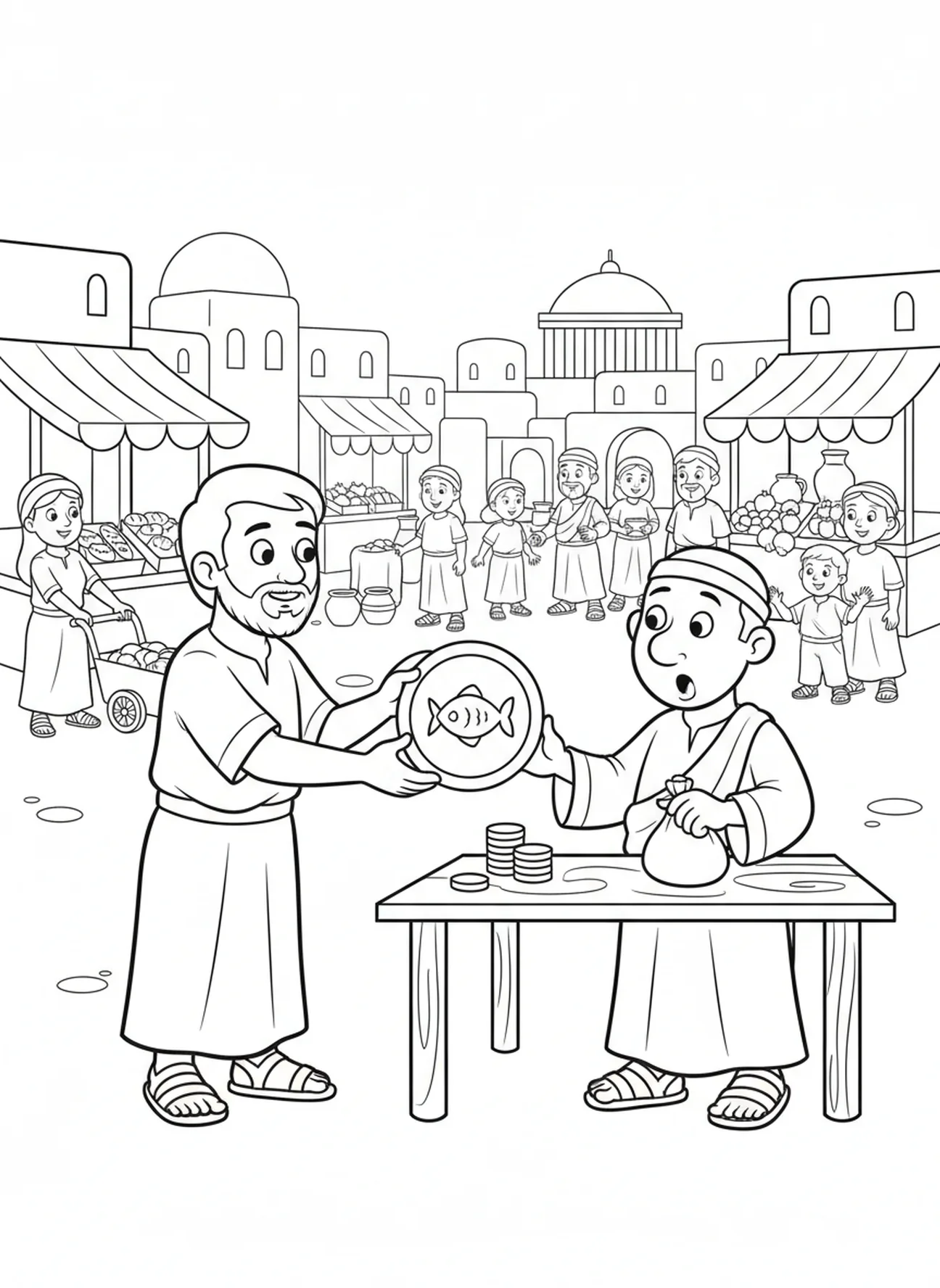 Peter bezahlt den Zöllner, Ausmalbild mit dem Fisch und der Münze für Kinder im Alter von 5-10 Jahren