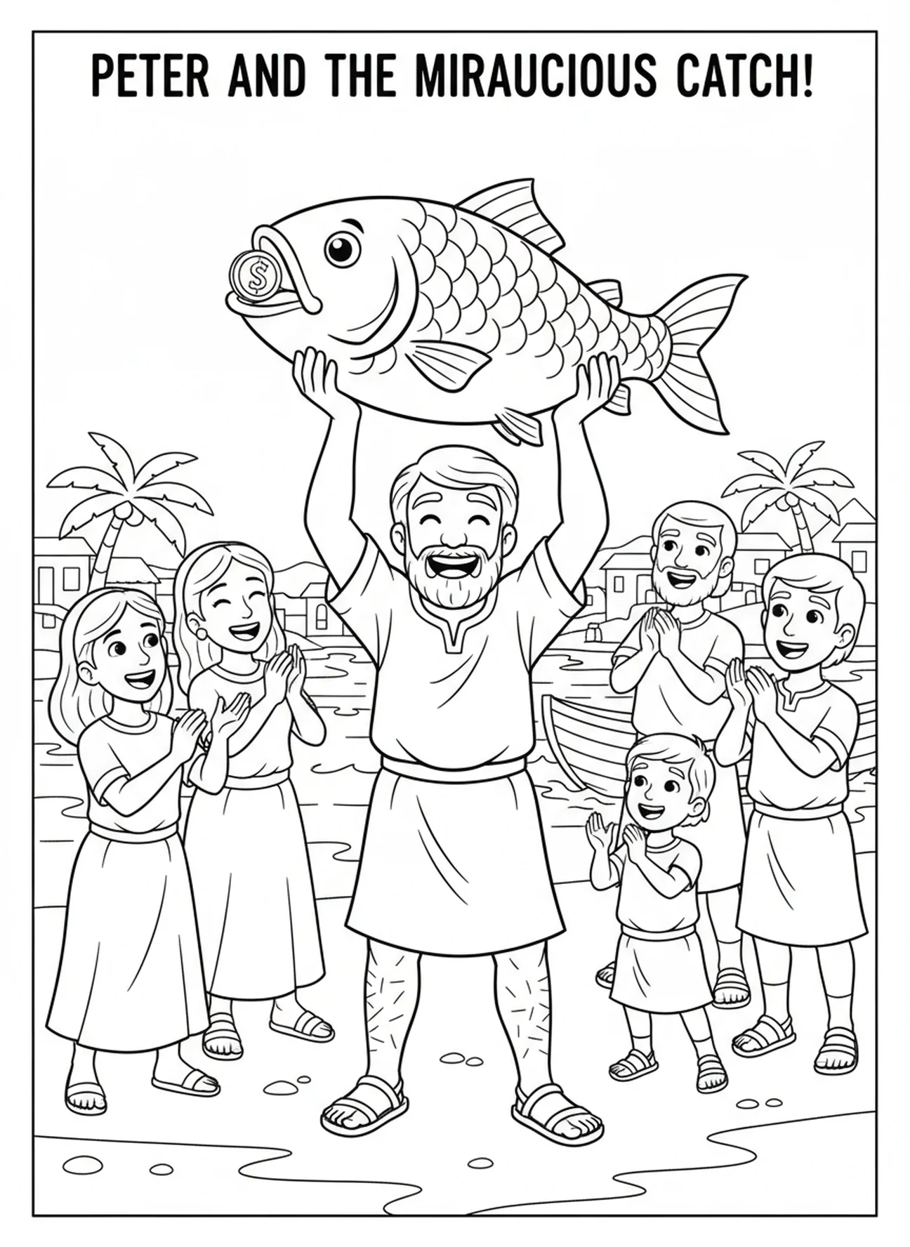 Peter hält stolz einen Fisch, Ausmalbild von Peter und dem Fisch-Münze für Kinder im Alter von 5-10 Jahren