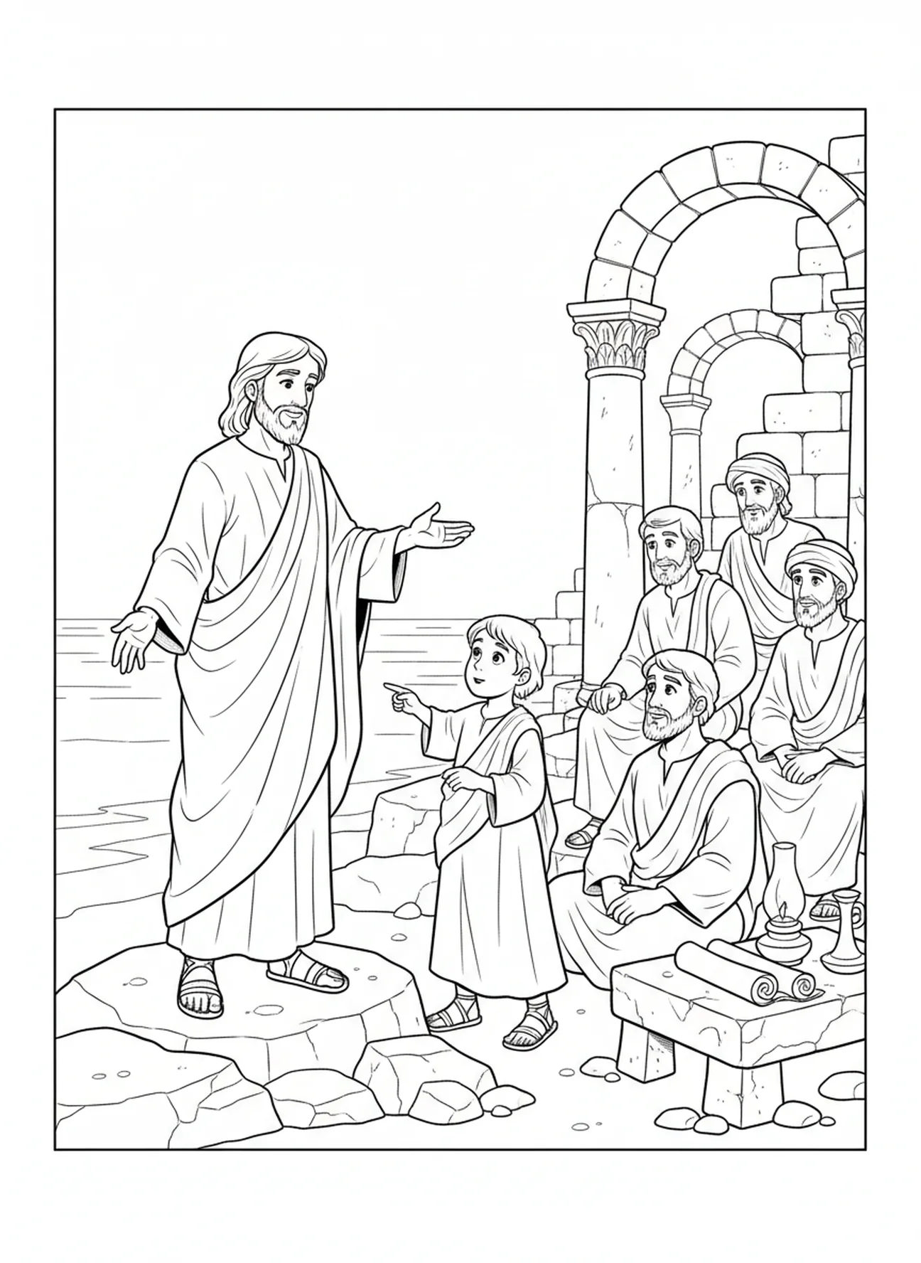 Jésus enseignant Pierre, page à colorier de la pièce de poisson de Pierre pour les enfants de l'École du dimanche âgés de 5 à 12 ans.