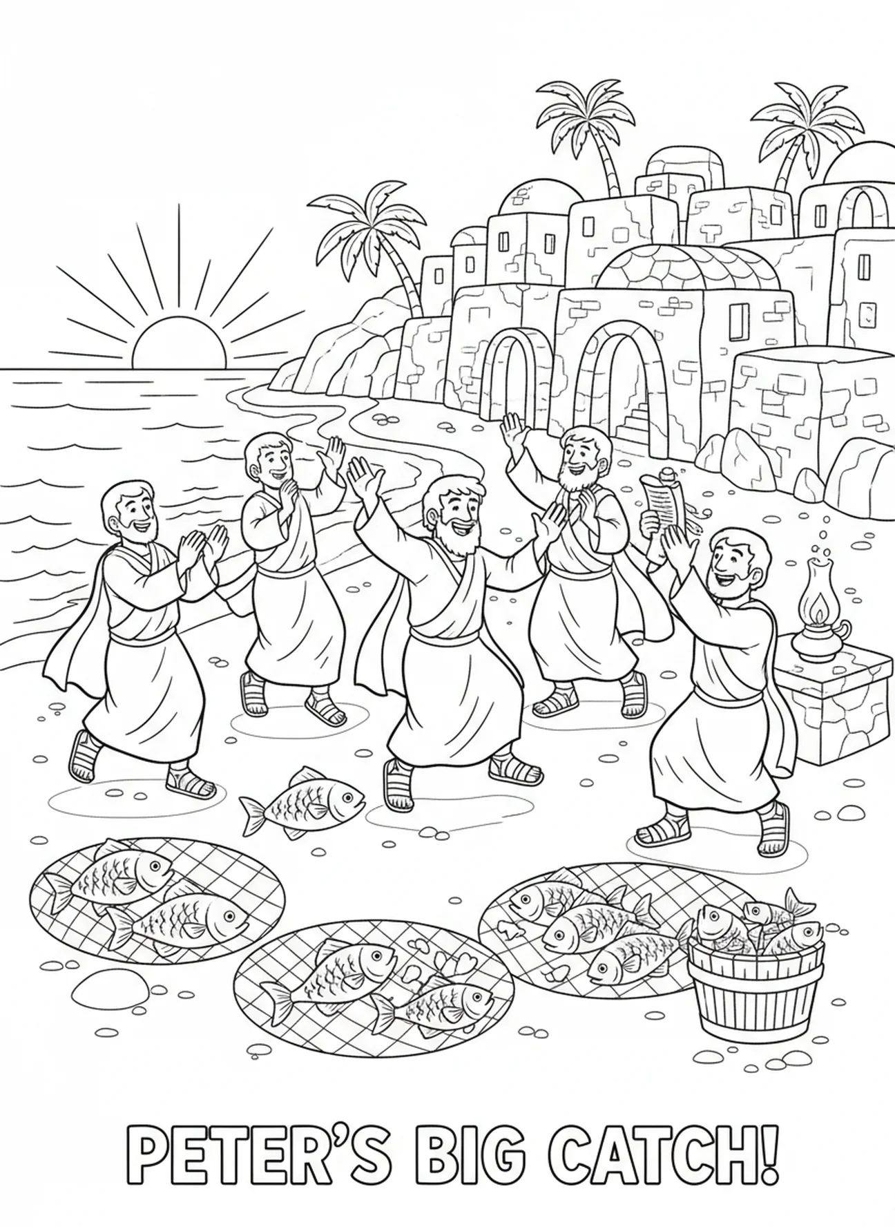 Pierre et les disciples célébrant, page à colorier de la pièce de monnaie de poisson de Pierre pour les enfants de l'École du dimanche âgés de 5 à 12 ans.