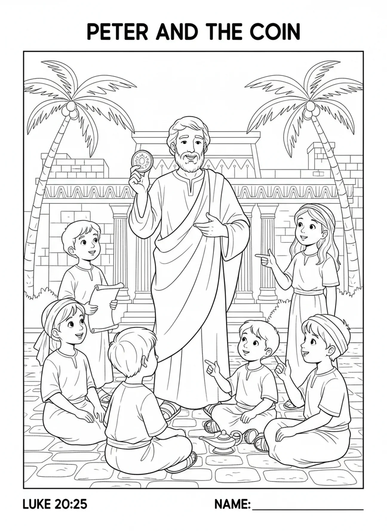 Pierre expliquant la pièce, page à colorier de la pièce de poisson de Pierre pour les enfants de l'École du dimanche âgés de 5 à 12 ans.