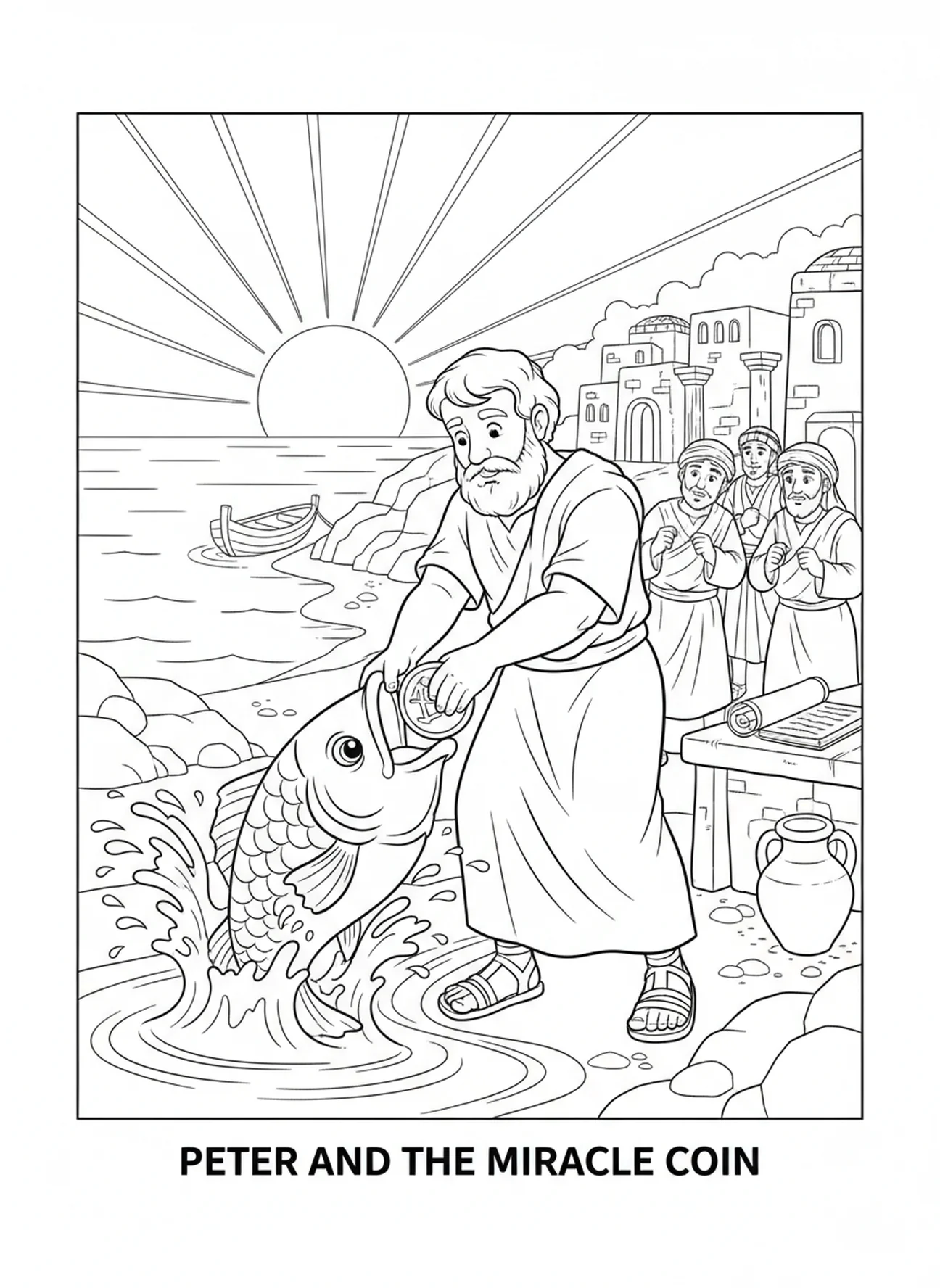 Pierre trouvant une pièce, page à colorier de la pièce de poisson pour les enfants de l'École du dimanche âgés de 5 à 12 ans.