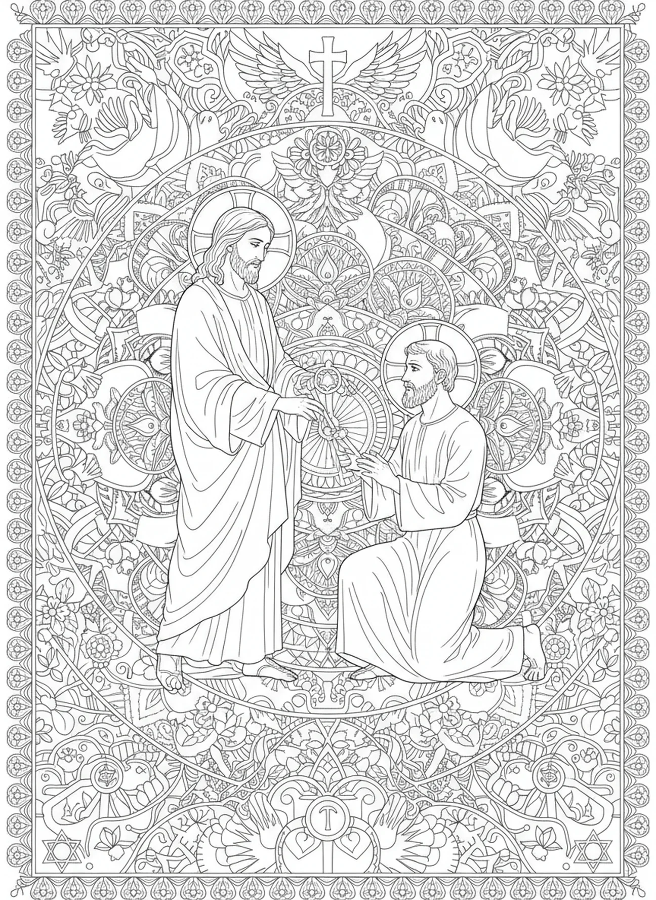 Jesus übergibt die Schlüssel, Peter Schlüssel Ausmalbild für Erwachsene im Stil des Bibel-Journalings