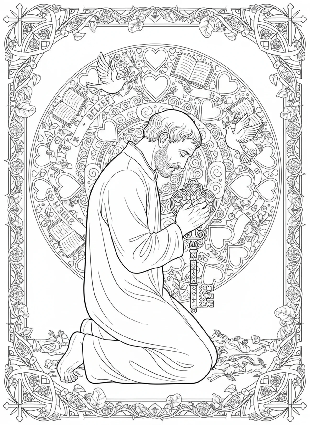 Peter bekräftigt den Glauben, Ausmalbild mit den Schlüsseln des Petrus im Stil des Bibel-Journaling für Erwachsene