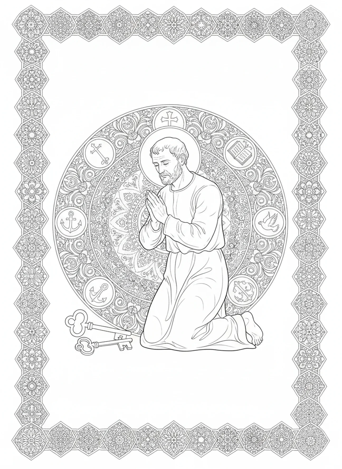 Peter im Gebet, Ausmalbild von Petrus mit Schlüsseln für Erwachsene im Bibel-Journaling-Stil