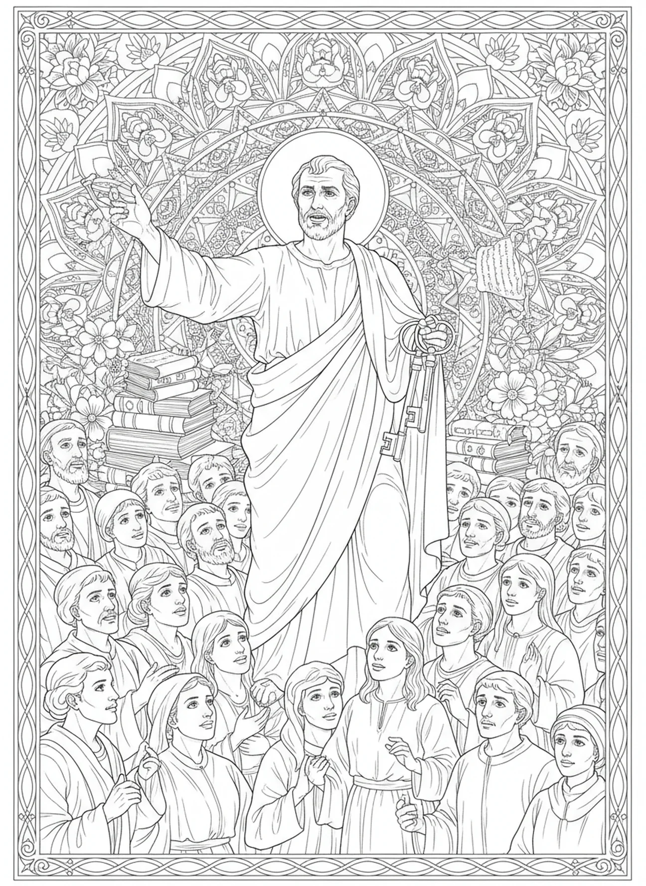 Petrus predigt, Ausmalbild mit Petrus und Schlüsseln im Stil des Bibel-Journaling für Erwachsene