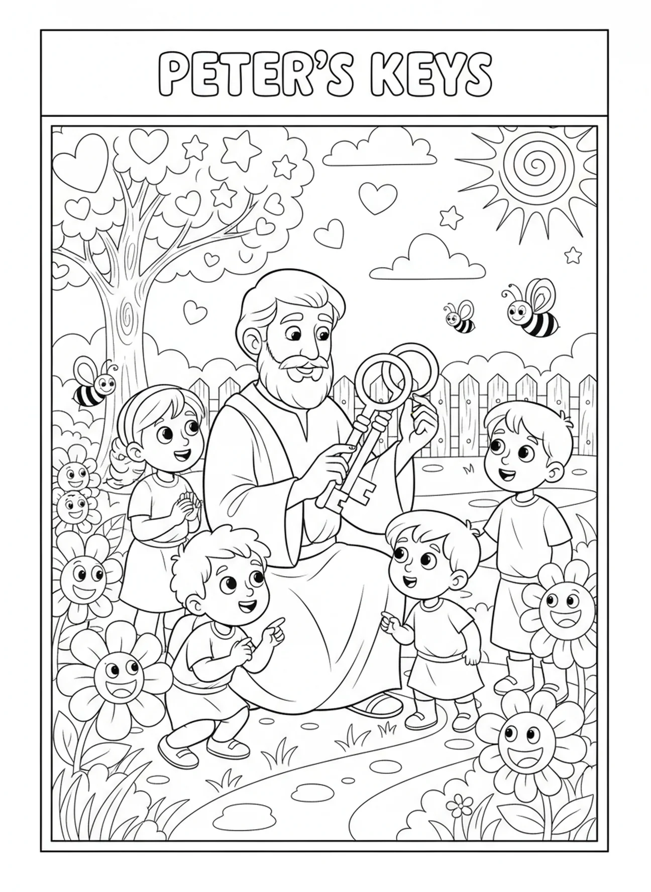Pedro mostrando llaves a los niños, página para colorear de las llaves de Pedro para niños de 5 a 10 años.