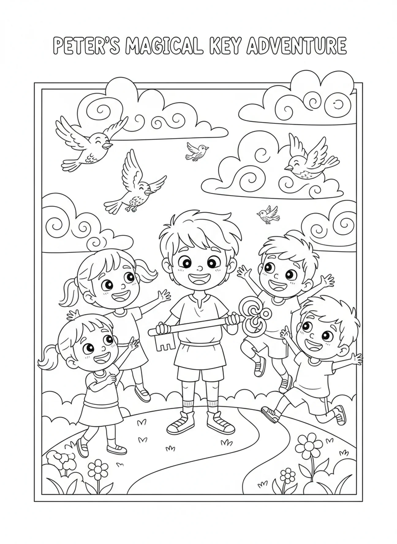 Pedro con amigos admirando llaves, página para colorear de las Llaves de Pedro para niños de 5 a 10 años.