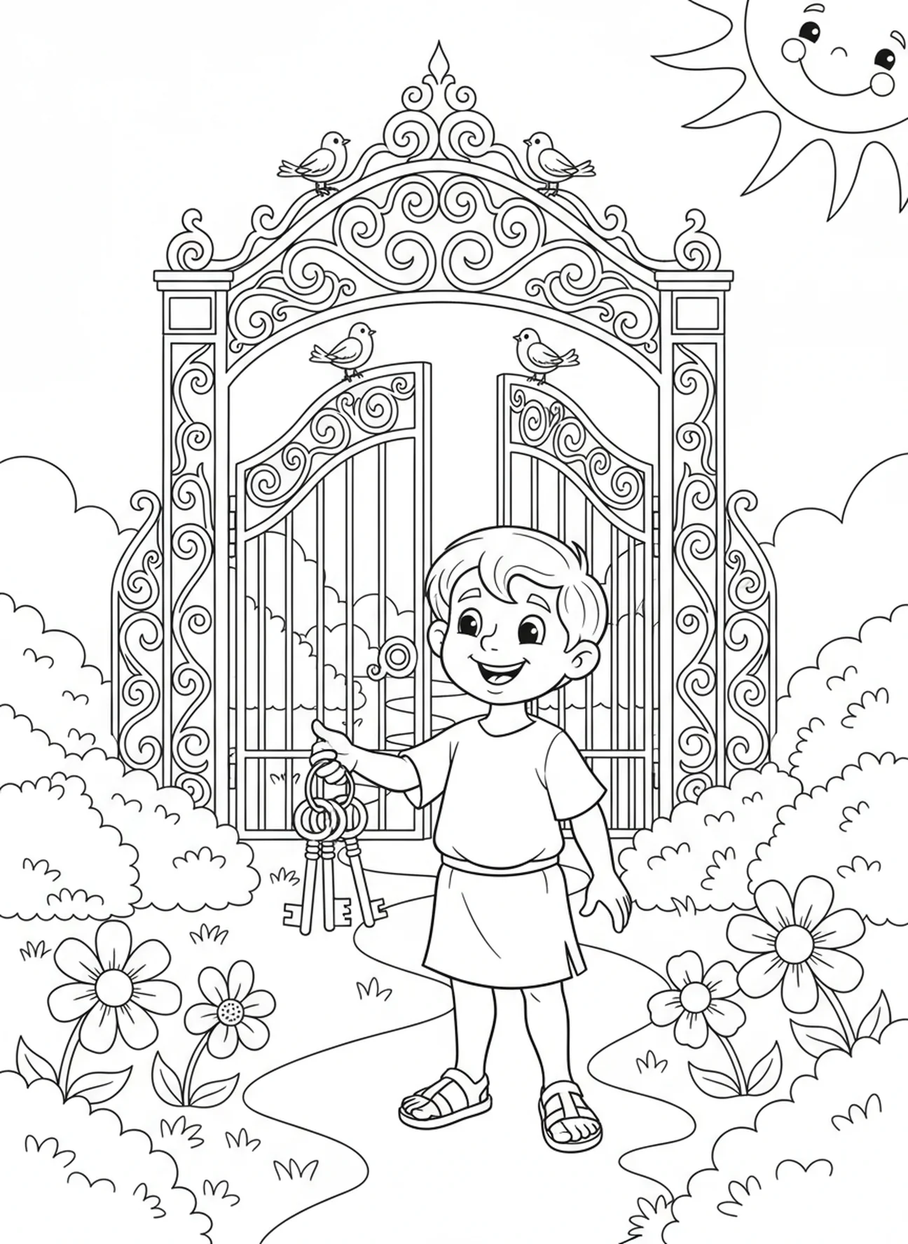 Pedro en la puerta ornamentada, página para colorear de las llaves de Pedro para niños de 5 a 10 años.