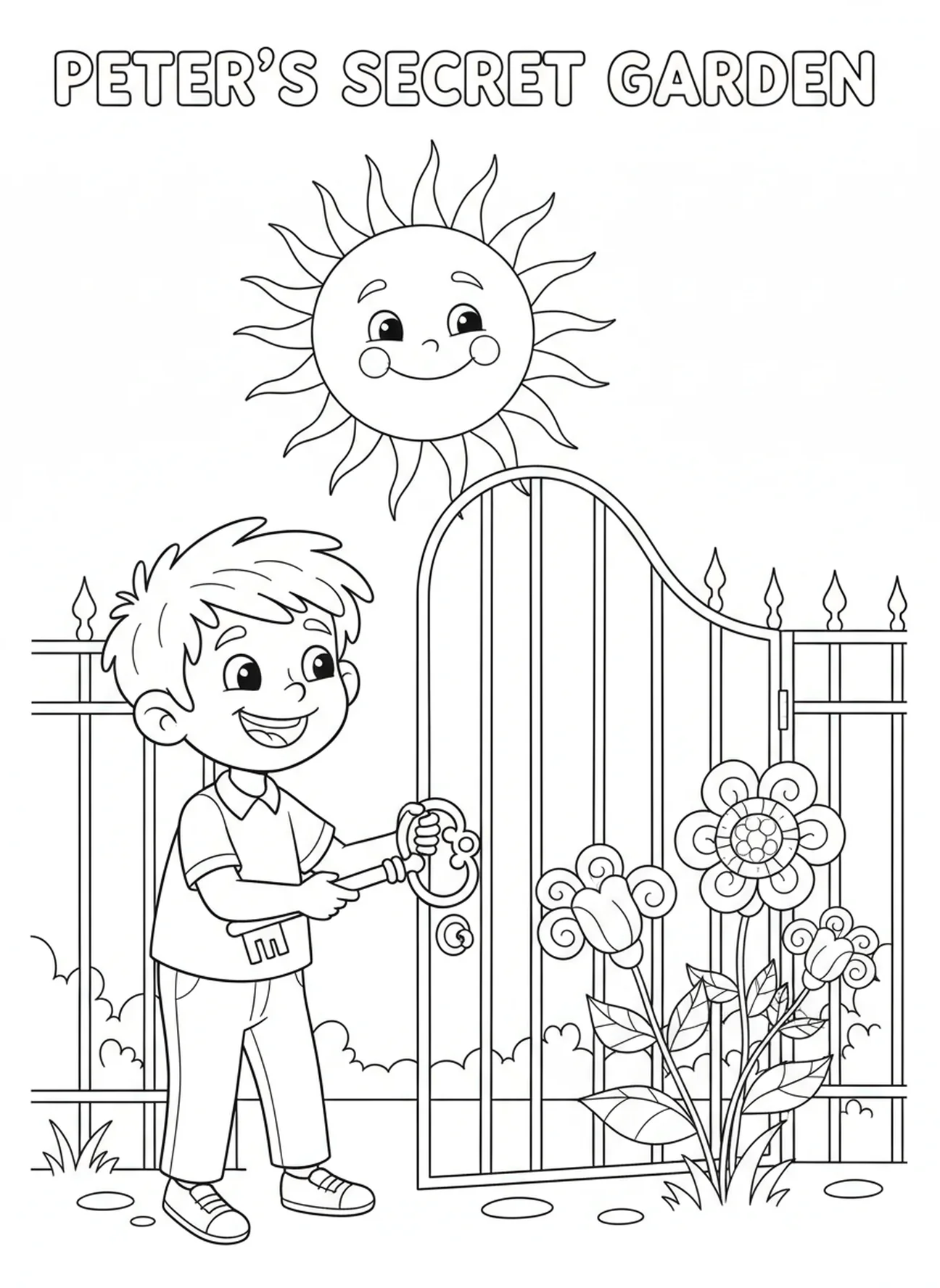 Pedro abriendo la puerta, página para colorear de las llaves de Pedro para niños de 5 a 10 años.