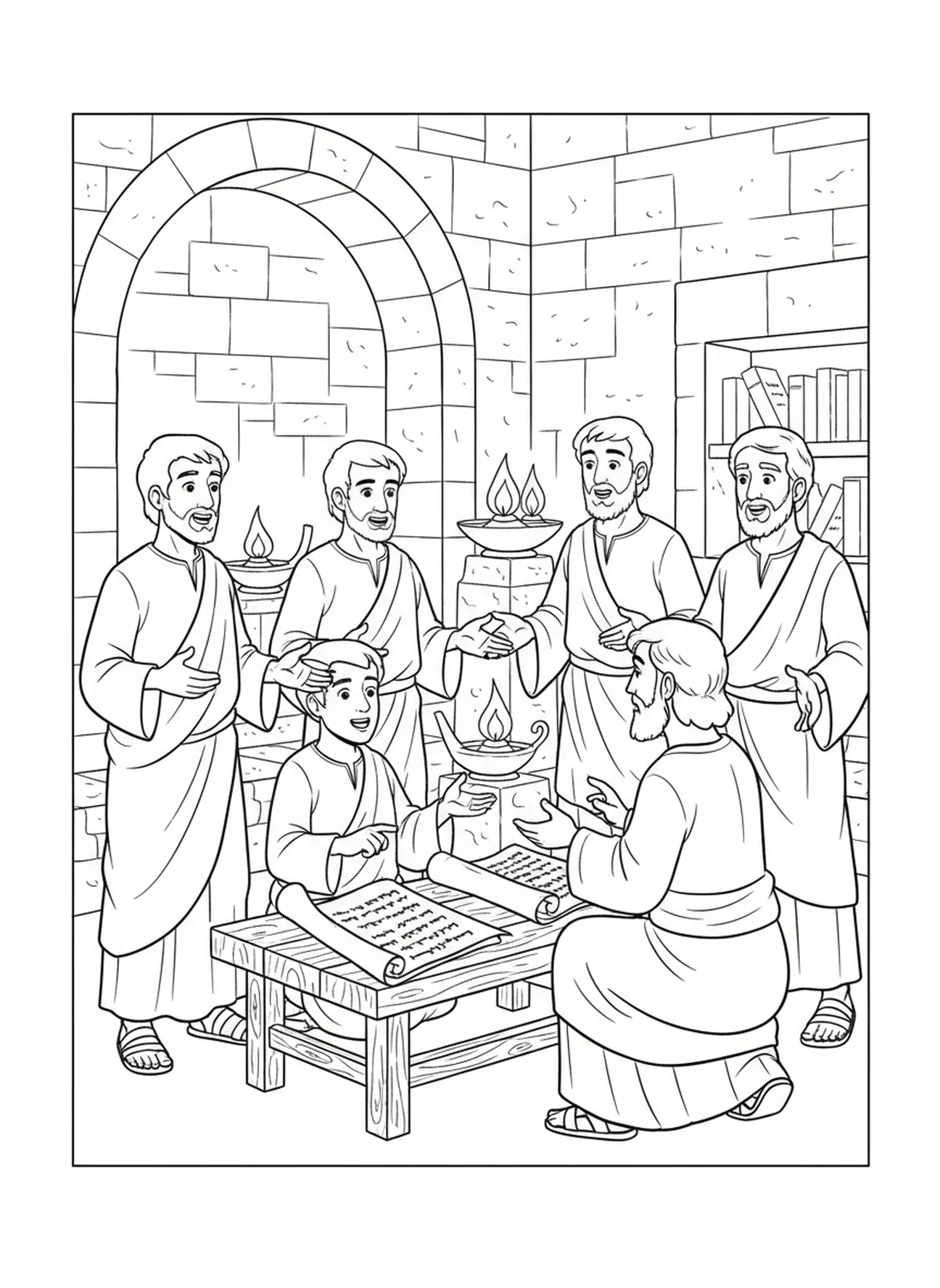 Peter und die Jünger, Ausmalbild für die Sonntagsschule für Kinder im Alter von 5-12 Jahren.