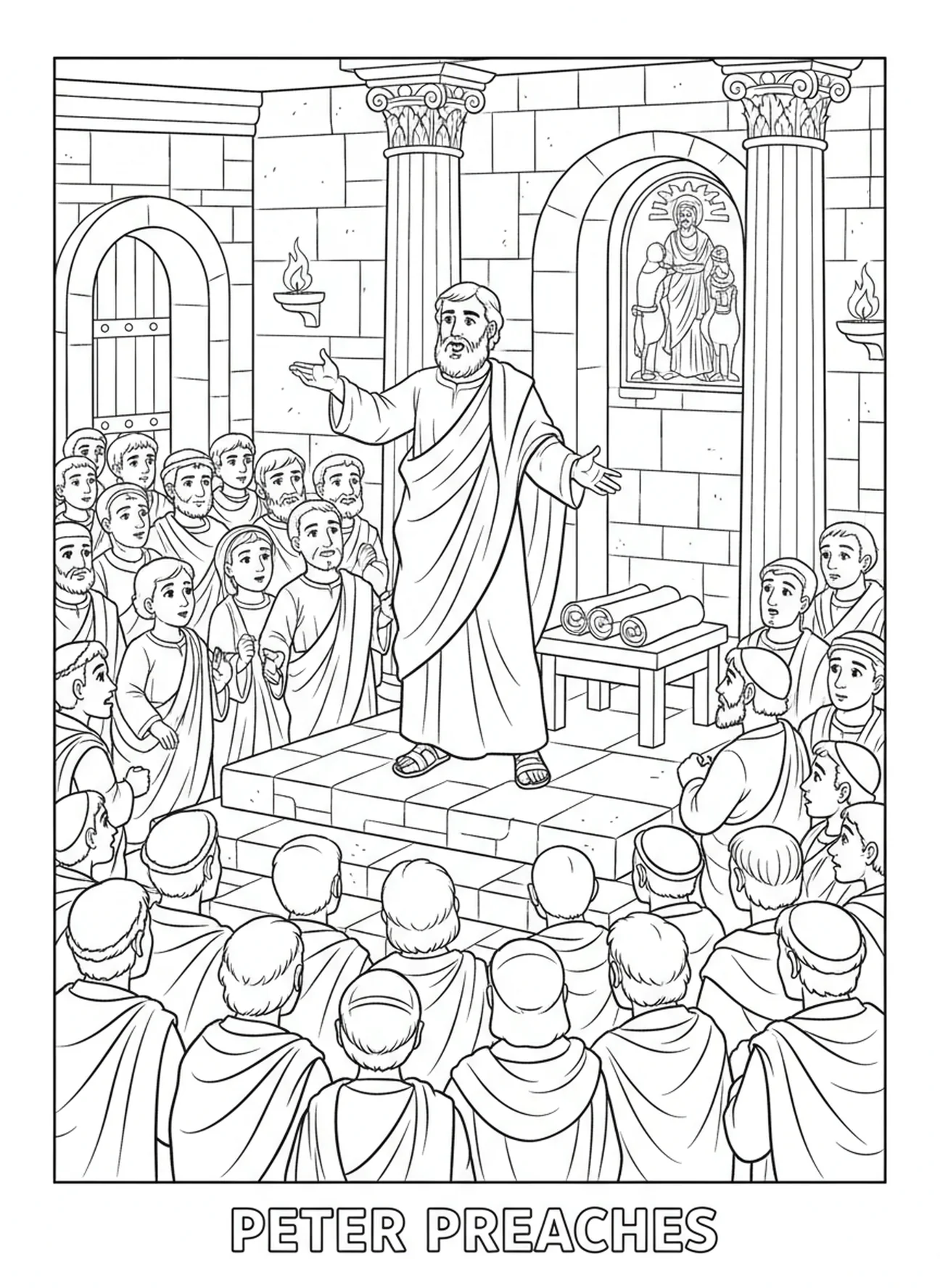 Petrus predigt zu einer Menschenmenge, Ausmalbild für die Sonntagsschule für Kinder im Alter von 5-12 Jahren.