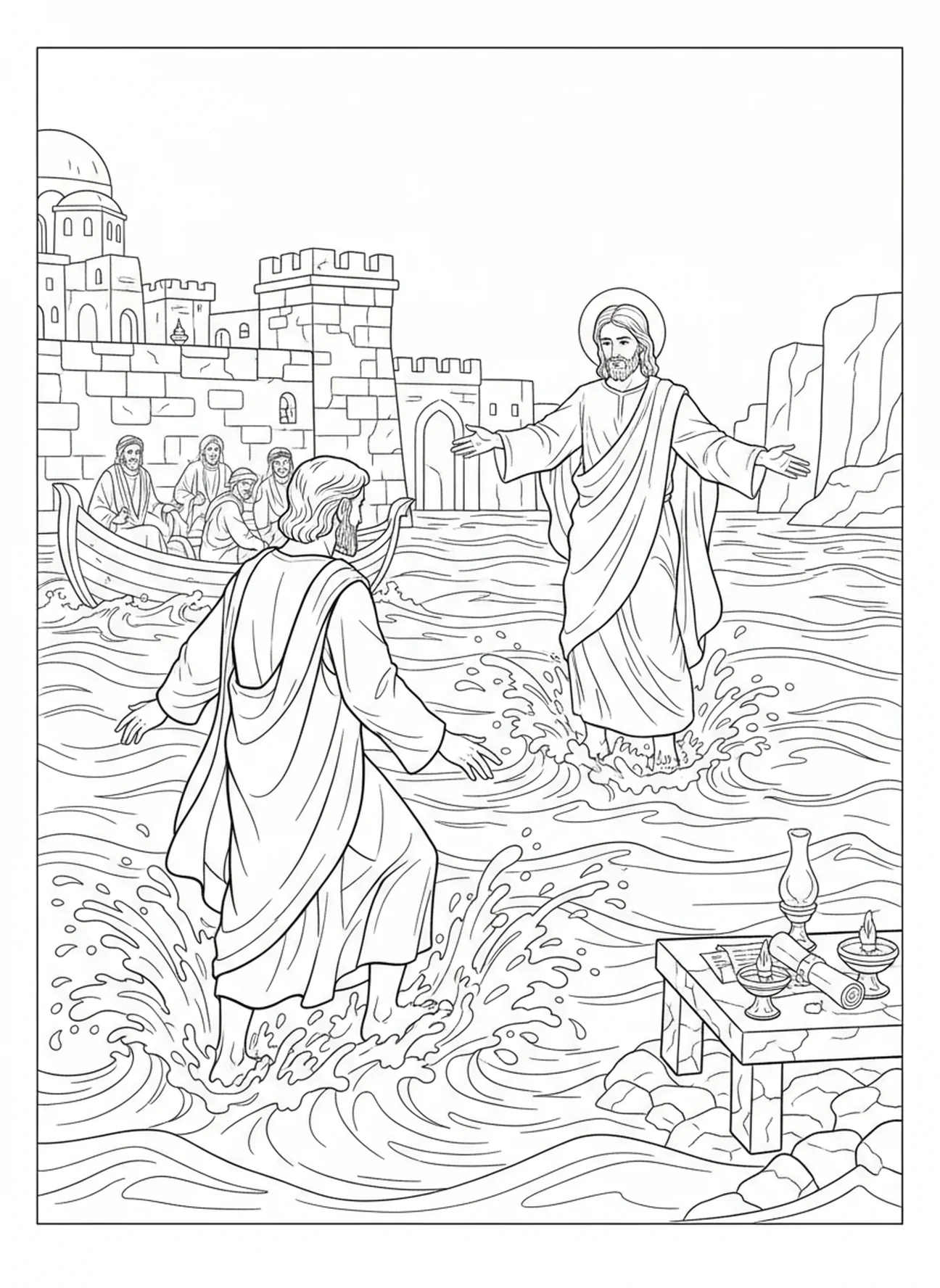 Petrus geht auf dem Wasser, Ausmalbild für die Sonntagsschule für Kinder im Alter von 5-12 Jahren.