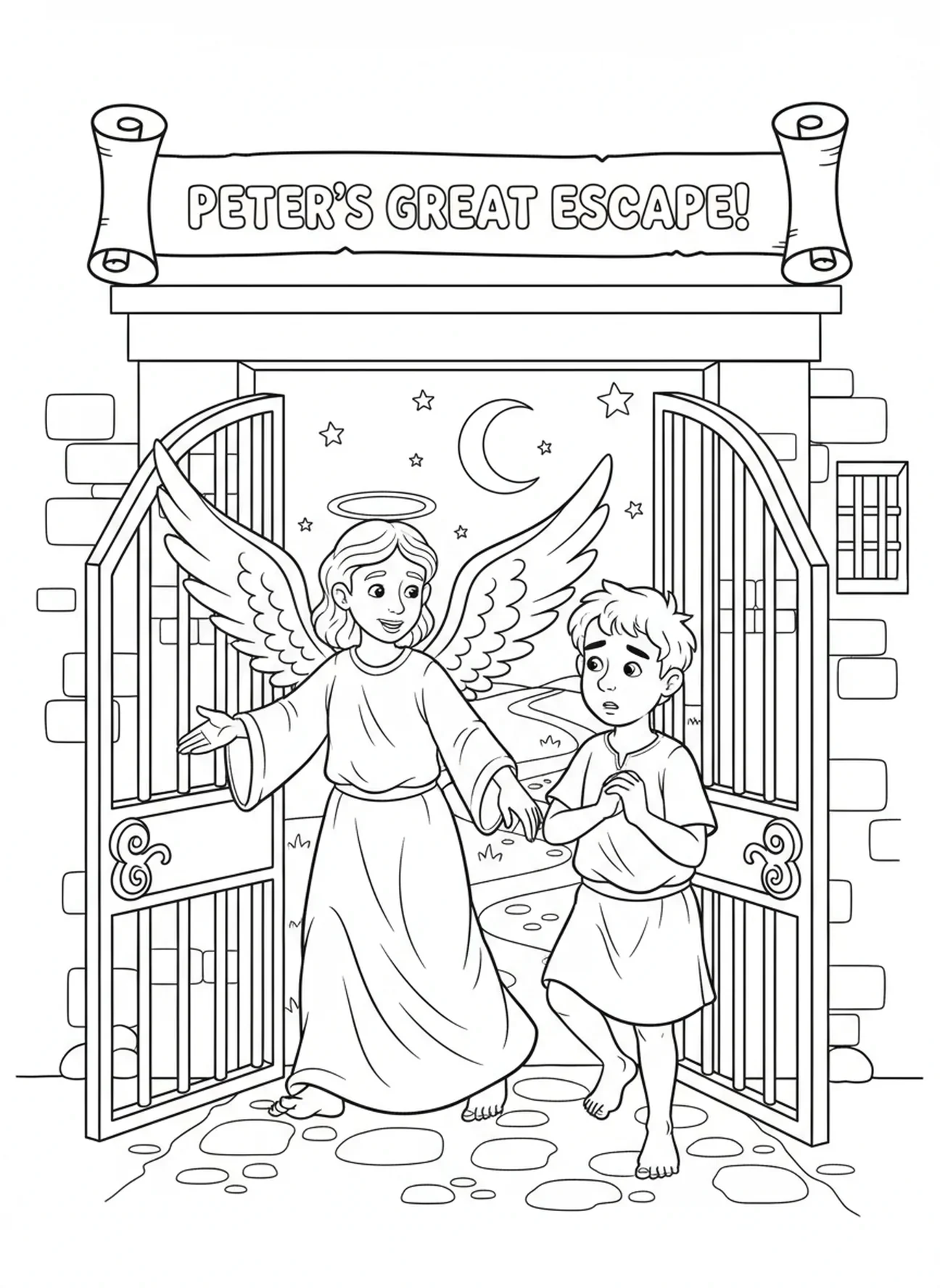 Petrus ontsnapt uit de gevangenis, kleurplaat van Petrus en de engel voor kinderen van 5-10 jaar.