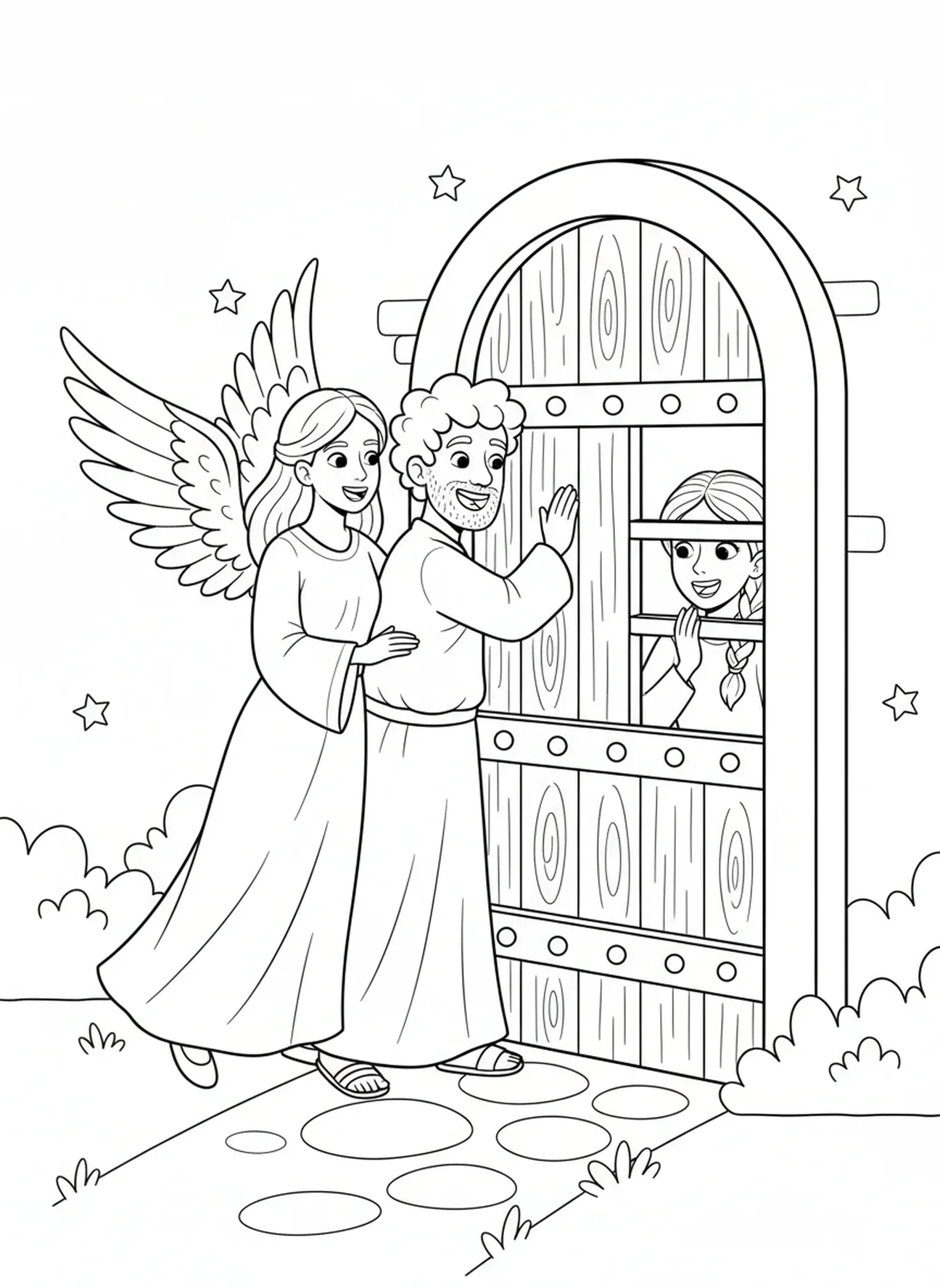 Petrus klopt op de deur, kleurplaat van Petrus en de engel uit de gevangenis voor kinderen van 5-10 jaar.