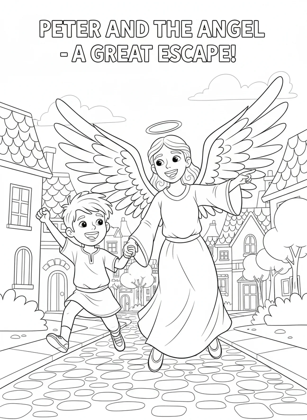 Petrus en engel op straat, kleurplaat van Petrus en de engel in de gevangenis voor kinderen van 5-10 jaar.