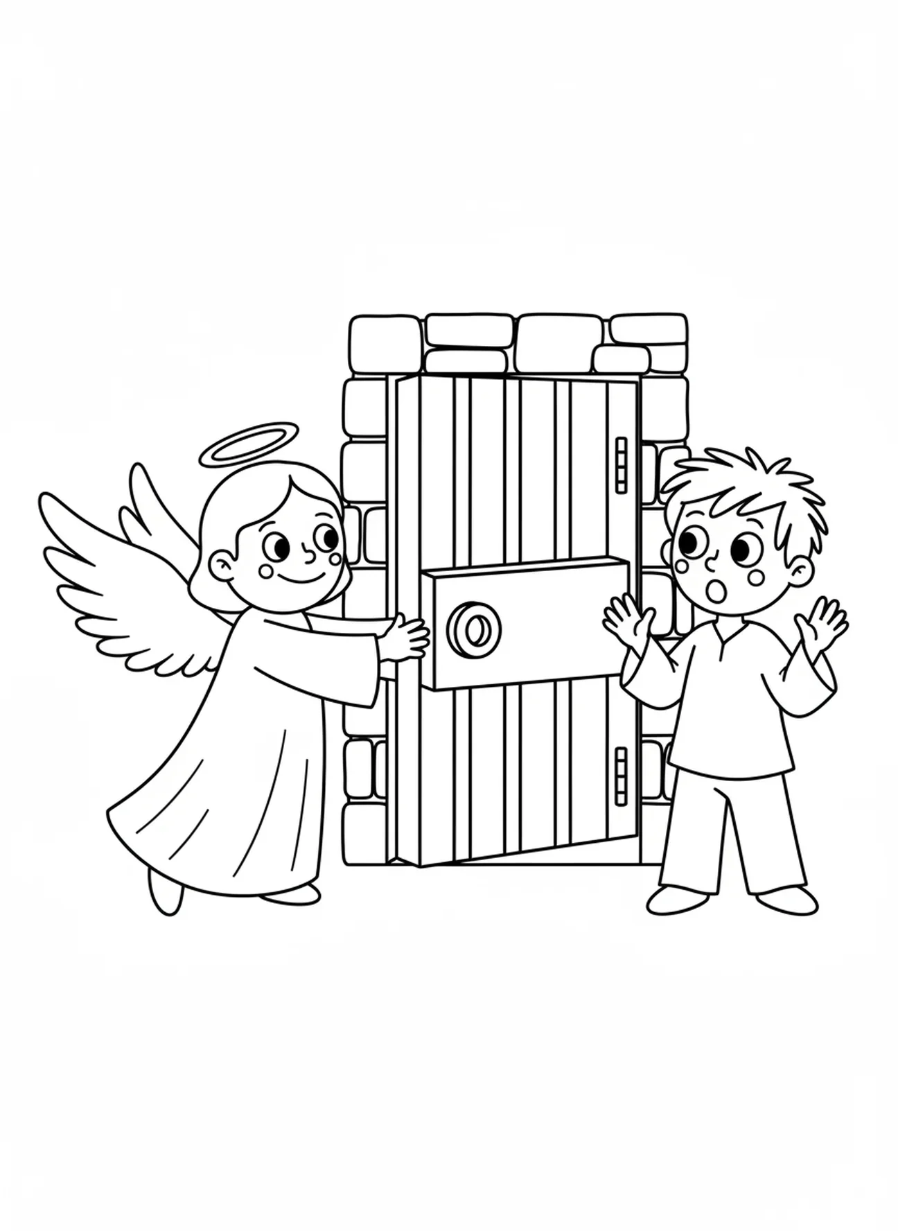 Anjo abrindo a porta da prisão para Pedro, página de colorir do Anjo da Prisão para crianças de 3 a 5 anos