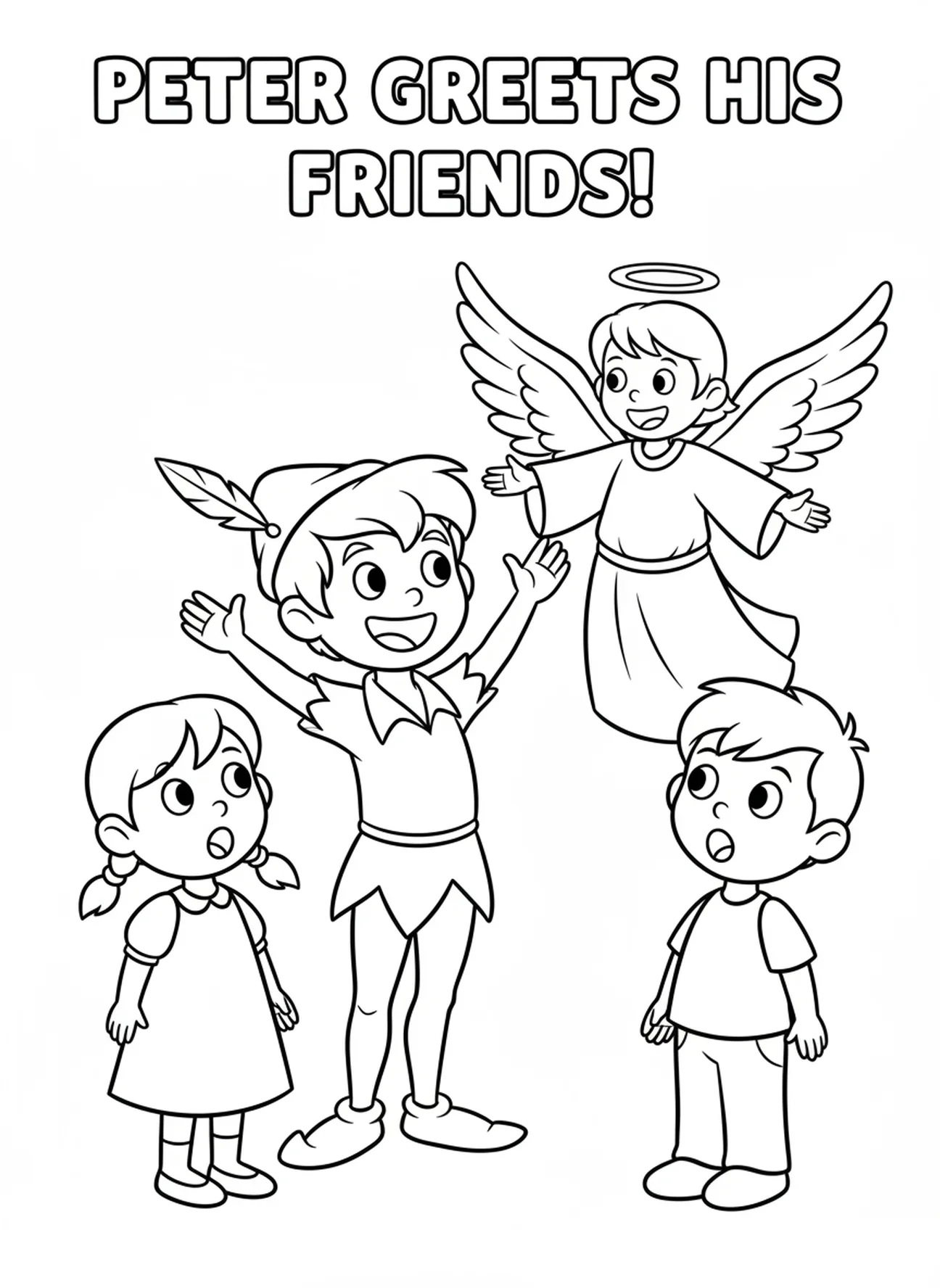 Pedro com amigos, página de colorir do Anjo da Prisão de Pedro para crianças de 3 a 5 anos