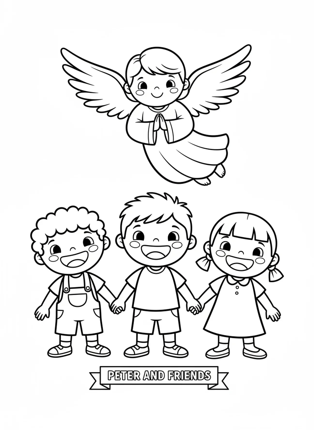 Pedro e amigos orando, página para colorir do Anjo da Prisão de Pedro para crianças de 3 a 5 anos
