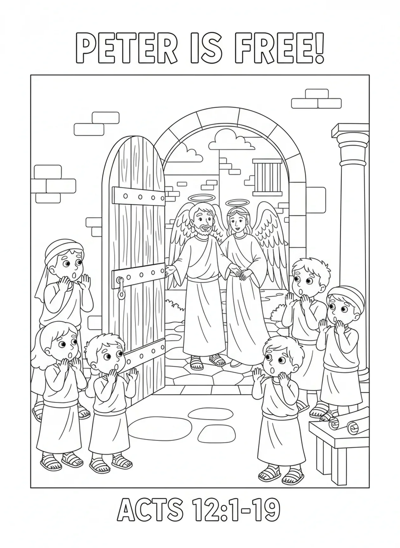 Amigos de Pedro surpresos, página para colorir do Anjo da Prisão de Pedro para crianças da Escola Dominical de 5 a 12 anos.