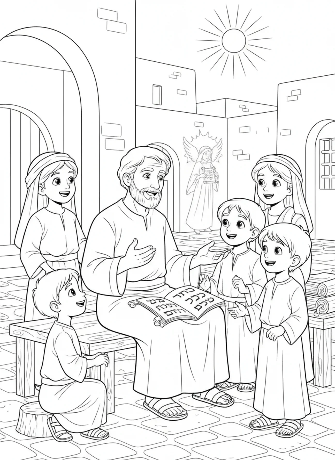 Pedro contando a história, página para colorir do anjo que libertou Pedro da prisão para crianças de 5 a 12 anos na Escola Dominical.