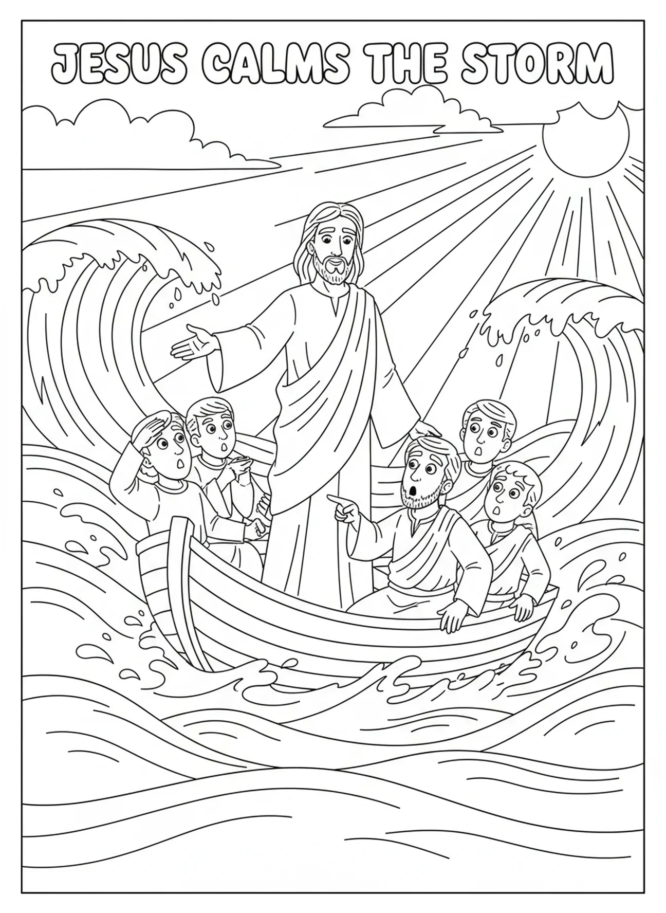 Jesus acalmando a tempestade, Pedro andando sobre as águas, página para colorir para crianças de 5 a 10 anos.