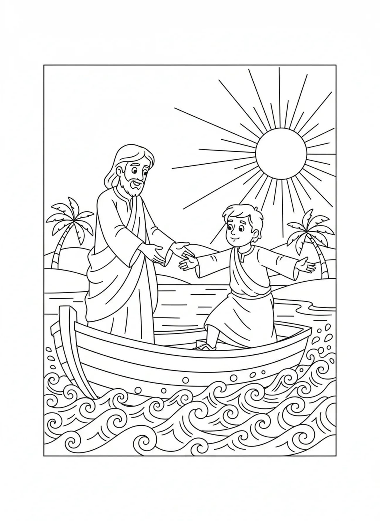Jesus estendendo a mão para Pedro, página de colorir Pedro Andando sobre as Águas para crianças de 5 a 10 anos.