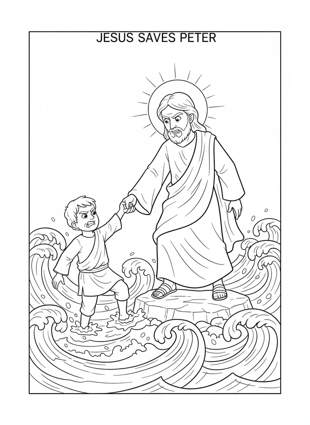 Jesus puxando Pedro da água, página para colorir de Pedro andando sobre as águas para crianças de 5 a 10 anos.