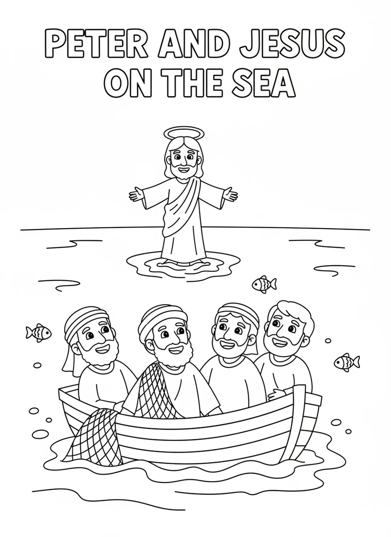 Pedro e os discípulos em um barco, página de colorir Pedro Andando Sobre as Águas para crianças de 5 a 10 anos.