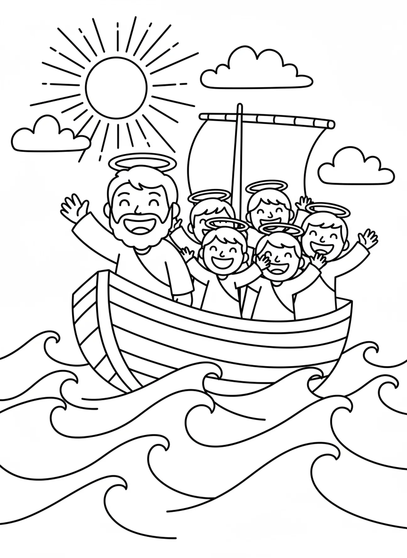 Petrus en de discipelen in een boot, Petrus loopt op het water kleurplaat voor peuters van 3-5 jaar