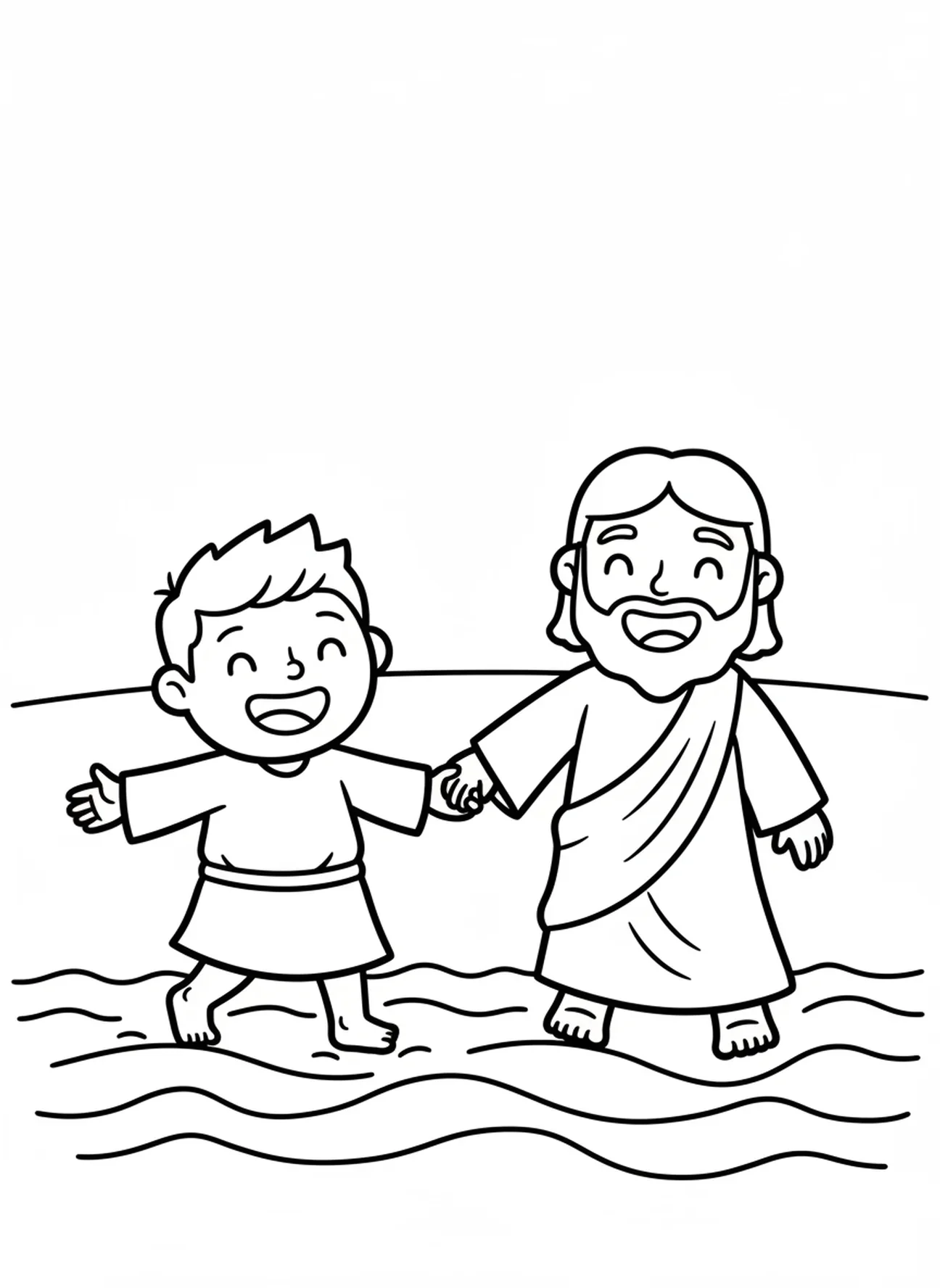 Petrus loopt op het water met Jezus, kleurplaat van Petrus die op water loopt voor kleuters van 3-5 jaar