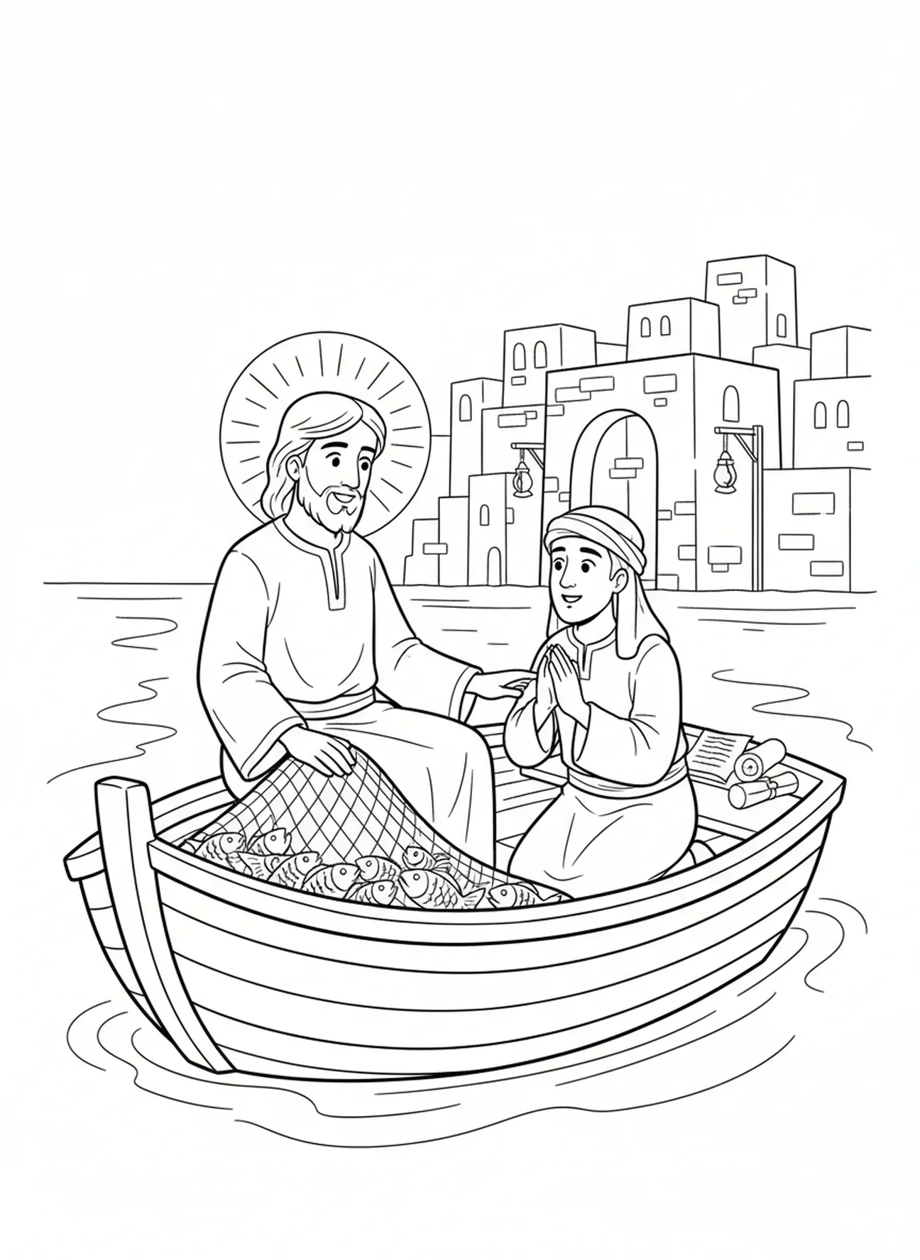 Mer calme après le miracle, page à colorier de Pierre marchant sur l'eau pour les enfants de l'École du dimanche âgés de 5 à 12 ans