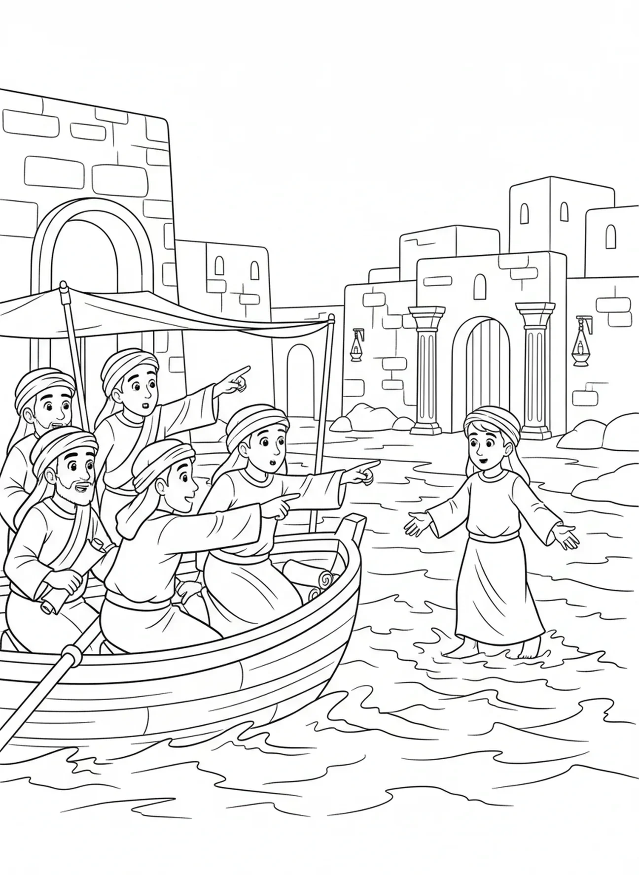 Disciples émerveillés par Pierre, page à colorier Pierre marchant sur l'eau pour les enfants de l'École du dimanche âgés de 5 à 12 ans