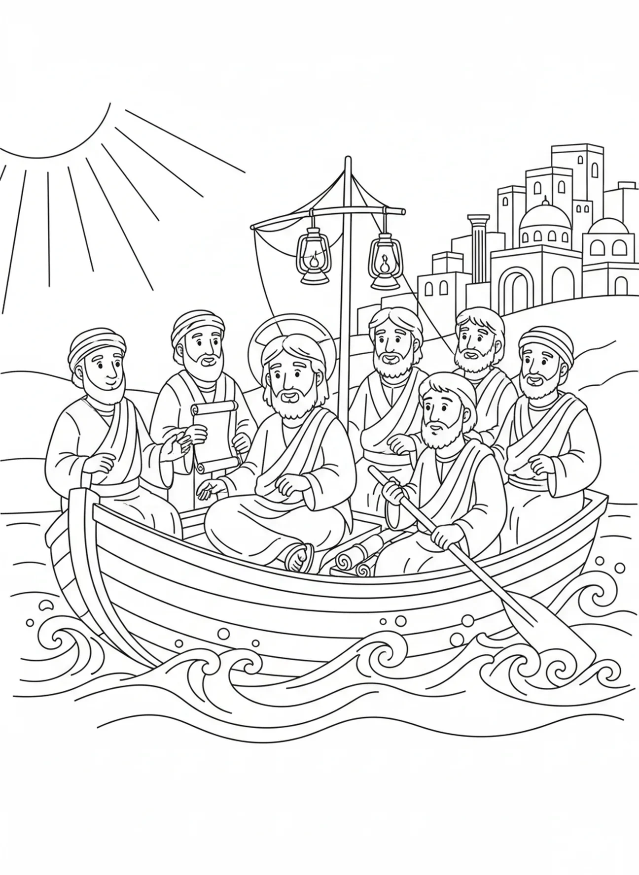 Jésus dans un bateau, Pierre marchant sur l'eau page à colorier pour les enfants de l'École du dimanche âgés de 5 à 12 ans